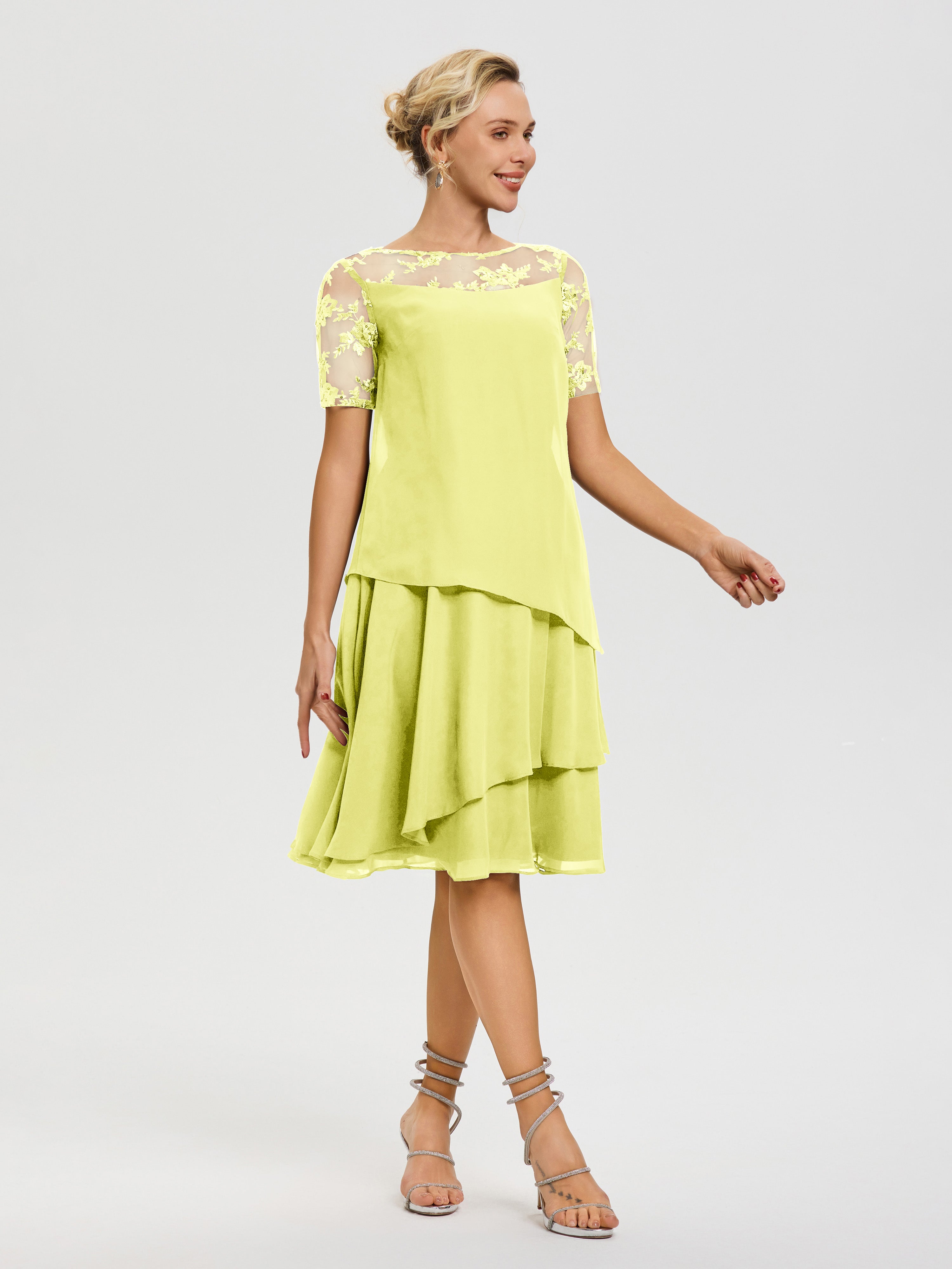 Robe De La Mère Du Marié Jonquille Col Rond Mancherons Mousseline & Dentelle Robe De Cérémonie Mère Du Marié