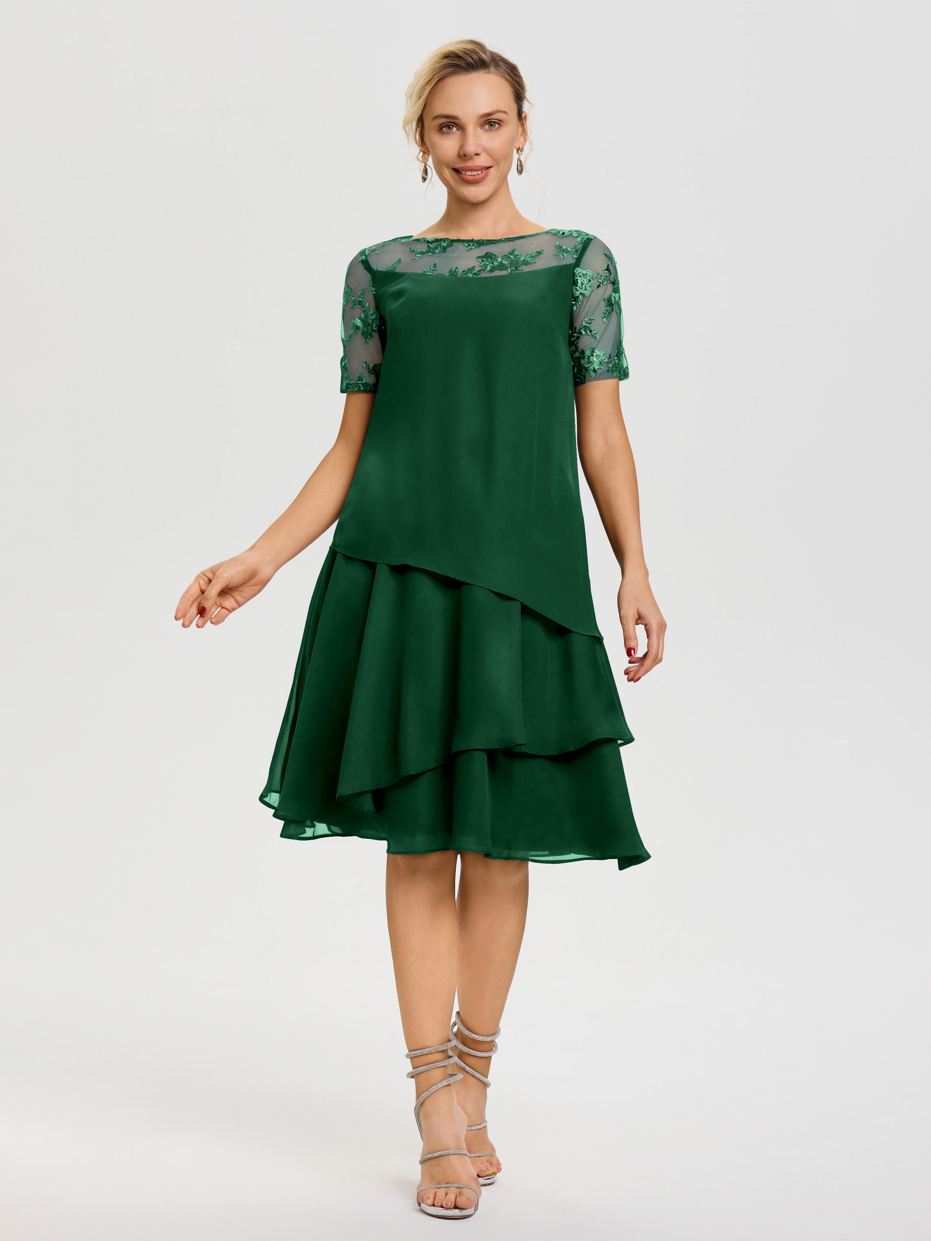 Robe De Mère De La Mariée Vert Foncé Col Rond Mancherons Mousseline & Dentelle Robe De Cérémonie Mère Du Marié
