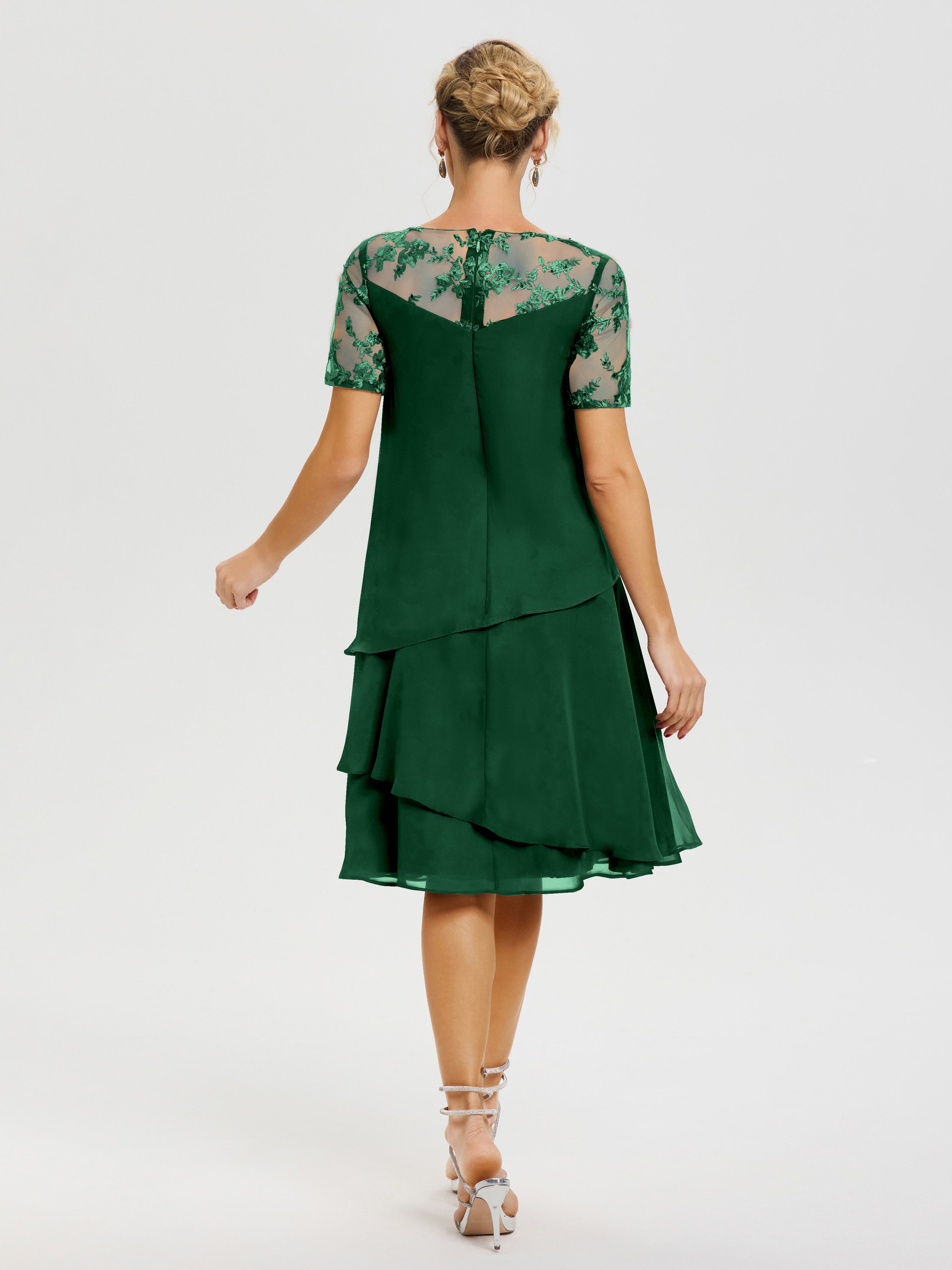 Robe De Mère De La Mariée Vert Foncé Col Rond Mancherons Mousseline & Dentelle Robe De Cérémonie Mère Du Marié