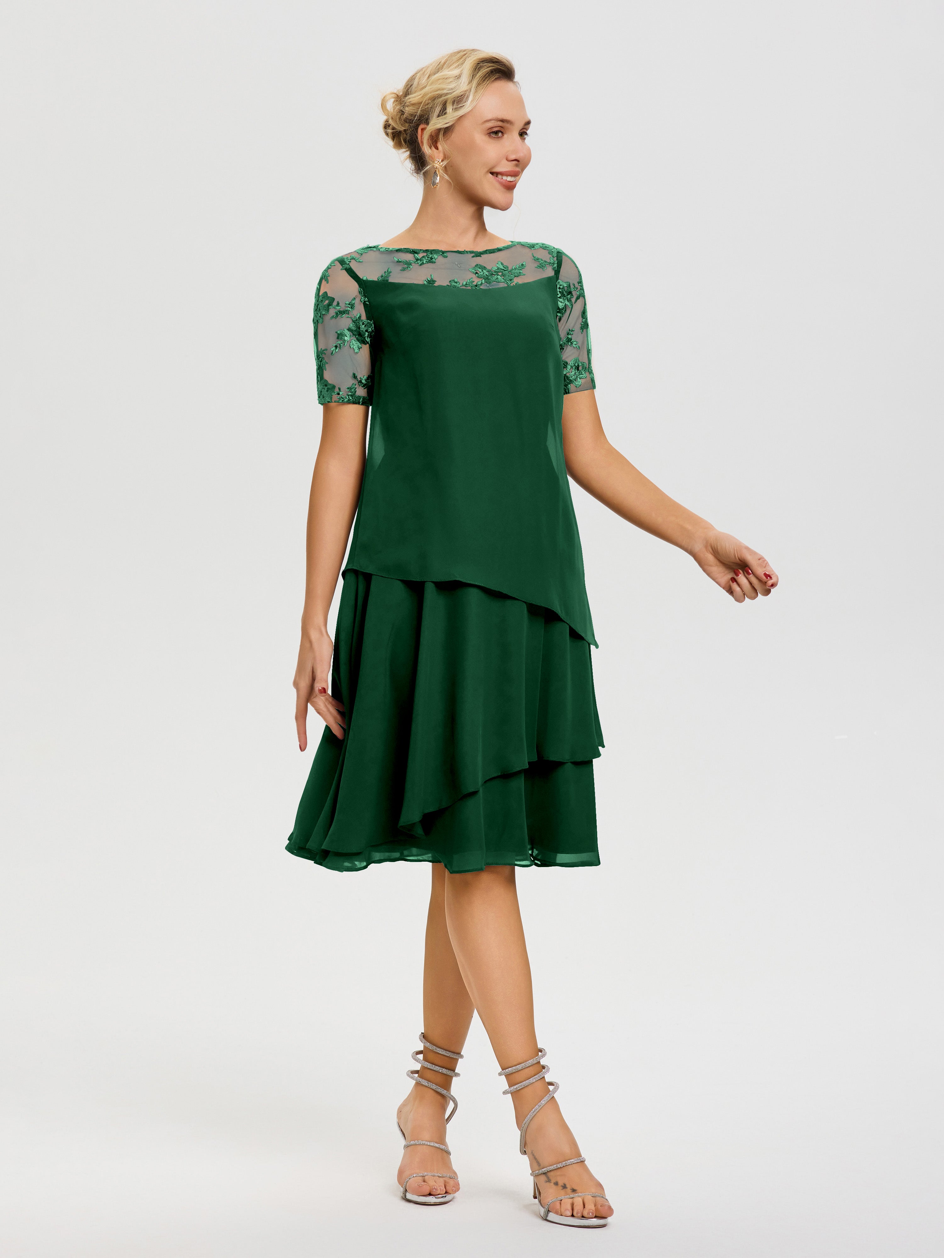 Robe De Mère De La Mariée Vert Foncé Col Rond Mancherons Mousseline & Dentelle Robe De Cérémonie Mère Du Marié
