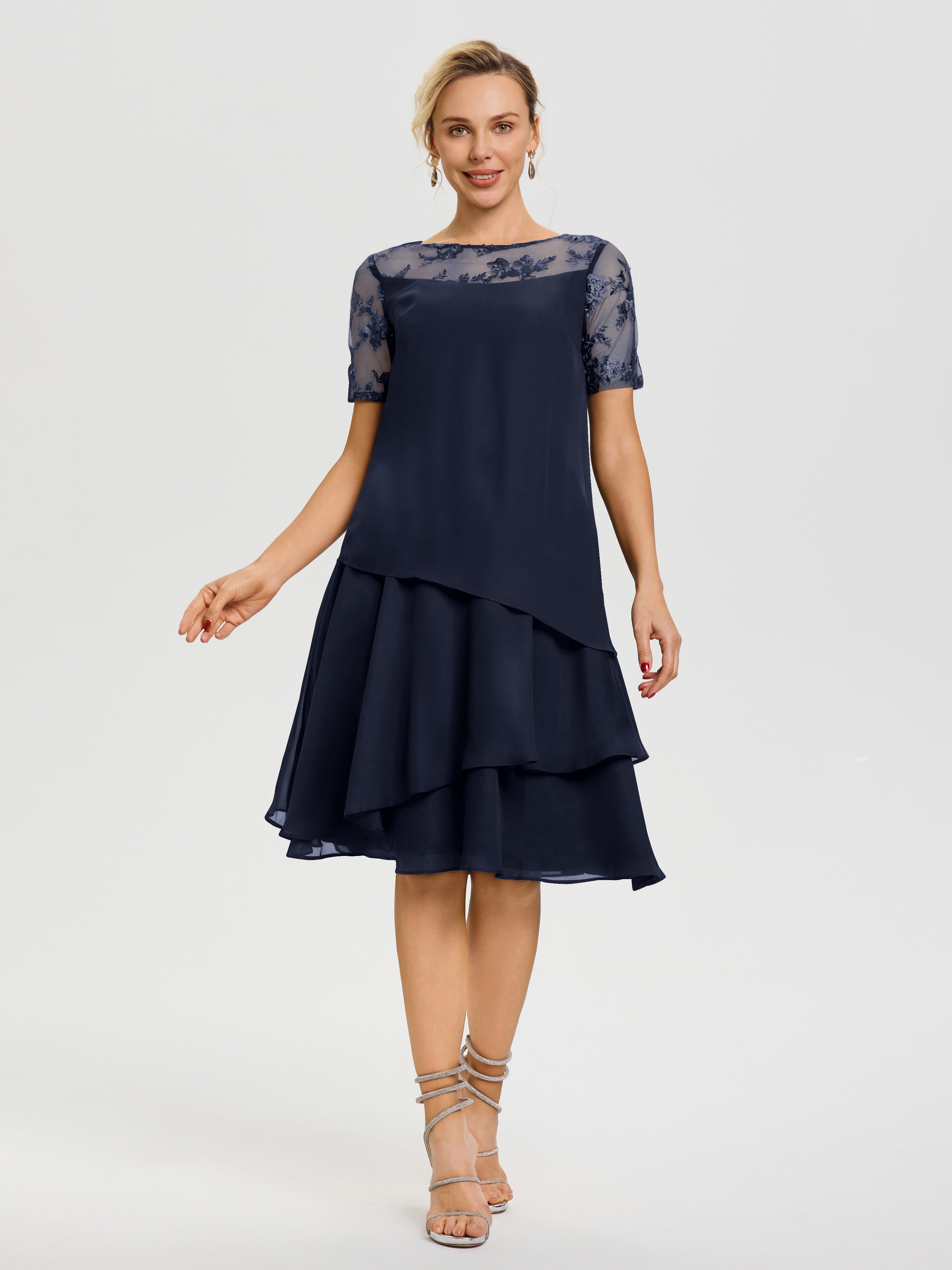 Robe Mère Mariée Bleu Marine Col Rond Mancherons Mousseline & Dentelle Robe De Cérémonie Mère Du Marié