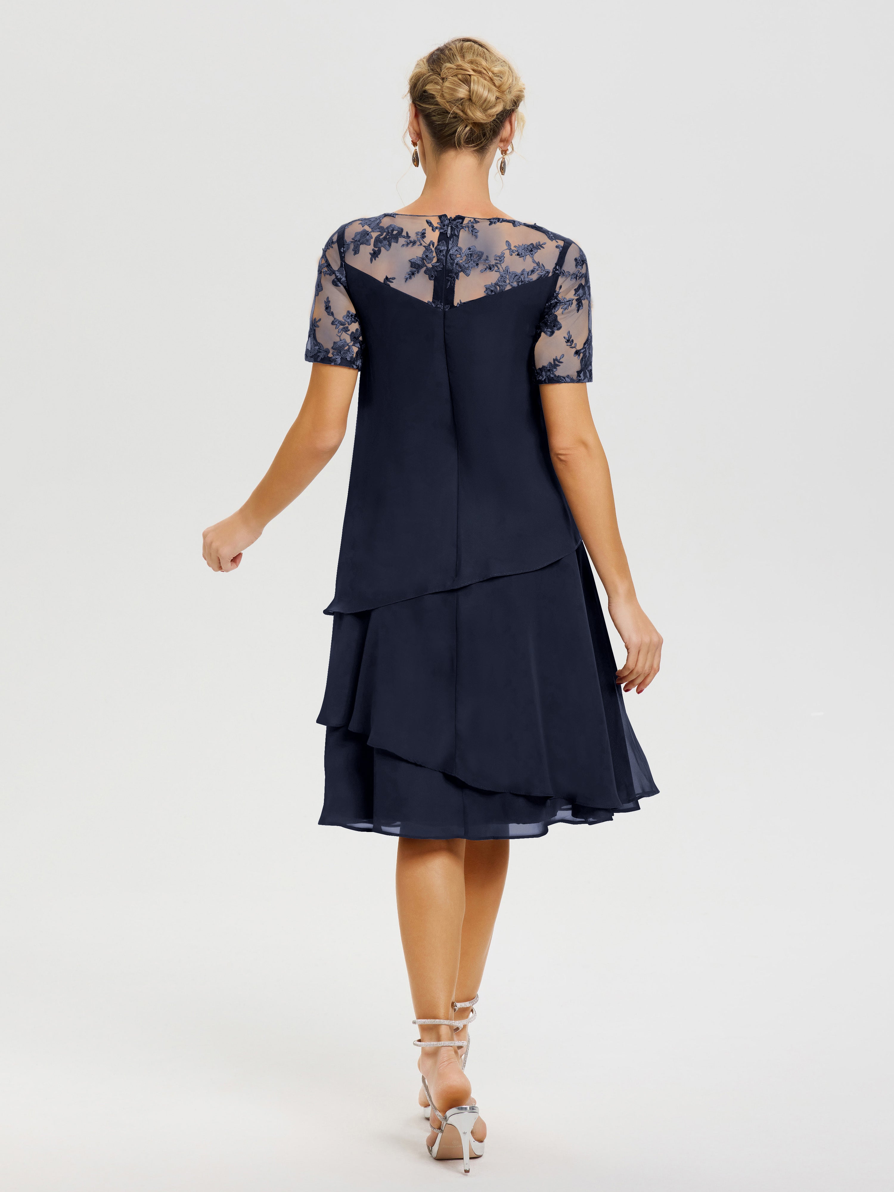 Robe Mère Mariée Bleu Marine Col Rond Mancherons Mousseline & Dentelle Robe De Cérémonie Mère Du Marié