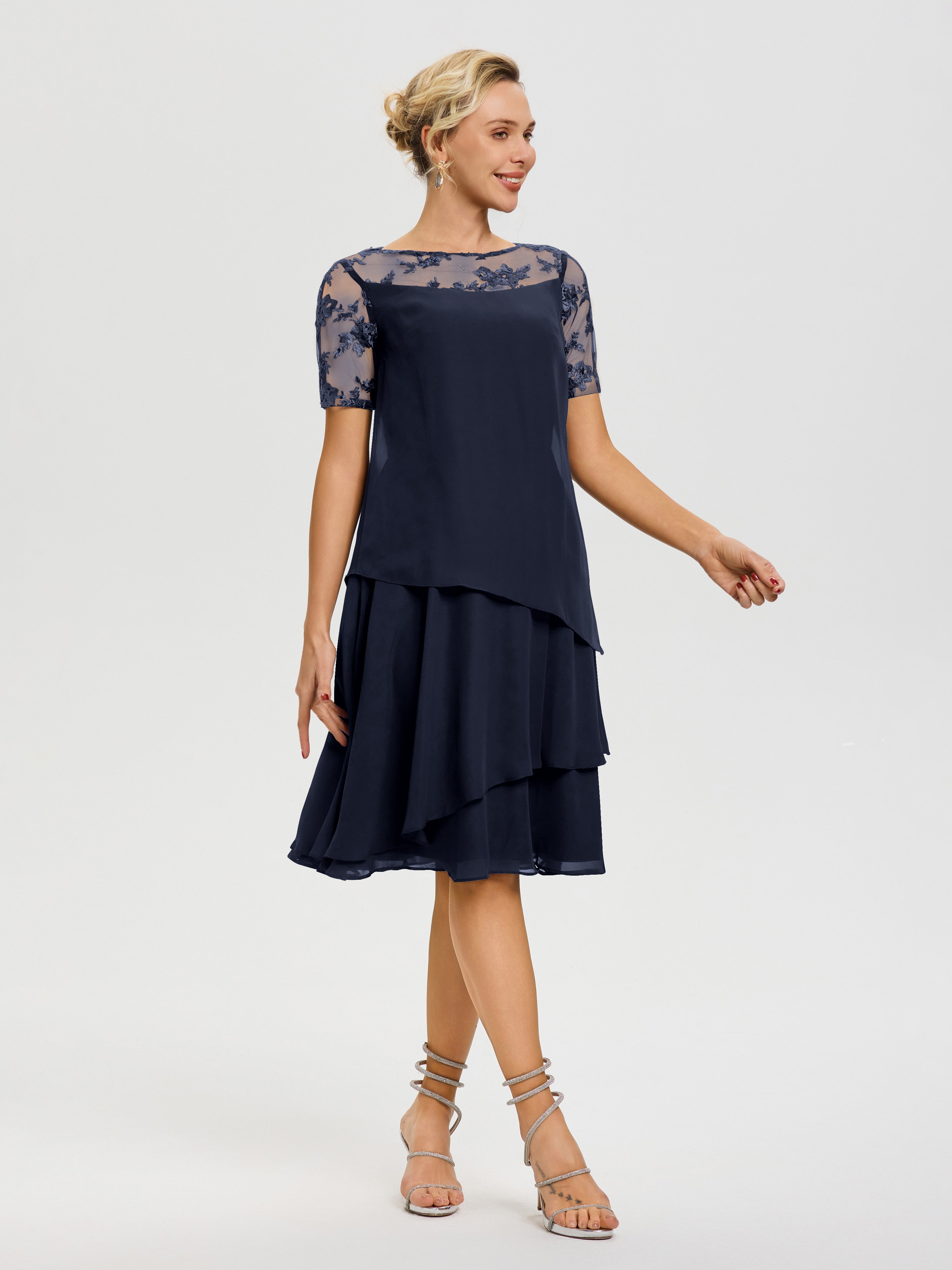 Robe Mère Mariée Bleu Marine Col Rond Mancherons Mousseline & Dentelle Robe De Cérémonie Mère Du Marié