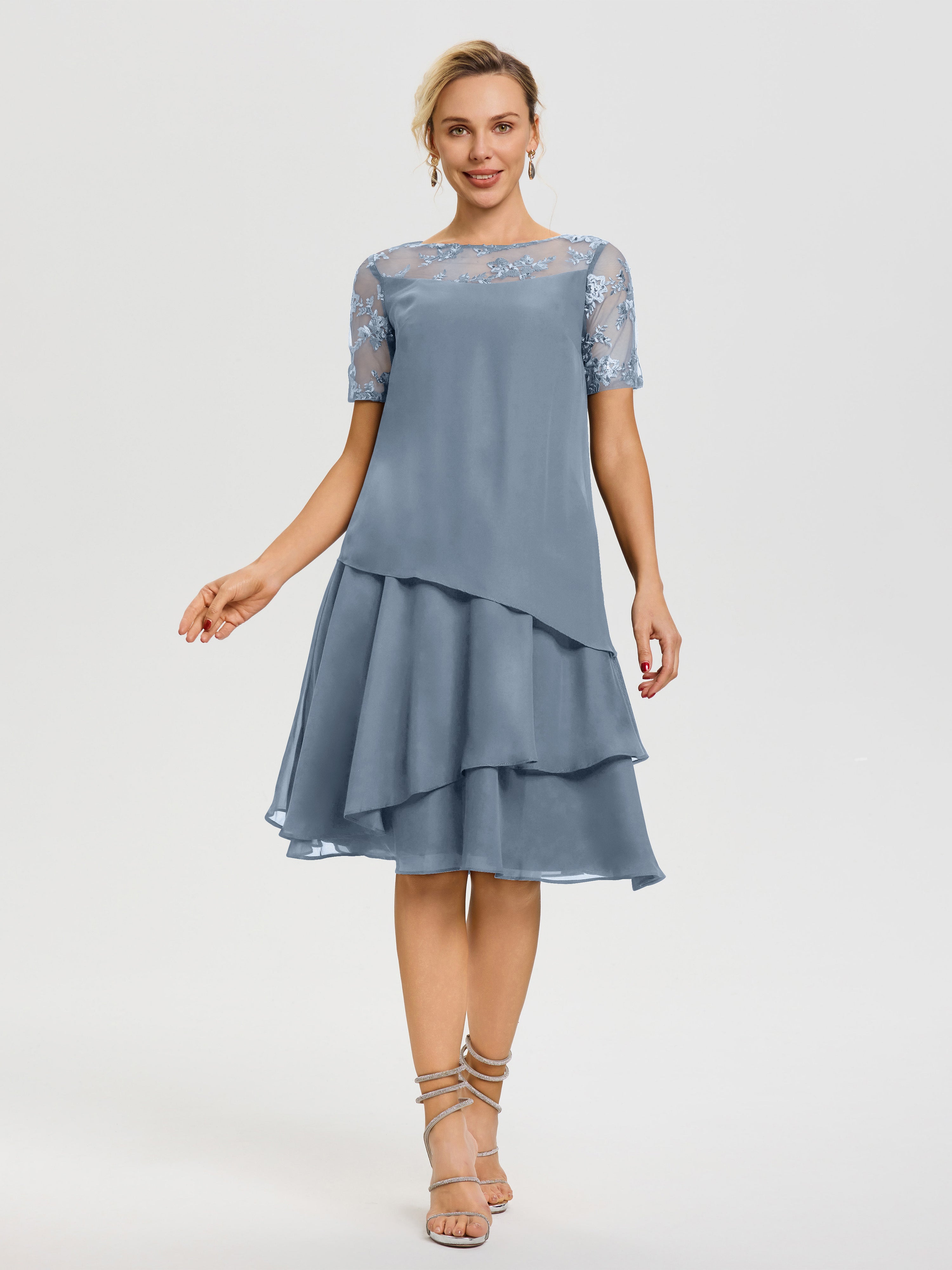 Cicinia Robe Mère De La Mariée Bleu Poudré Col Rond Mancherons Mousseline & Dentelle Robe De Cérémonie Mère Du Marié