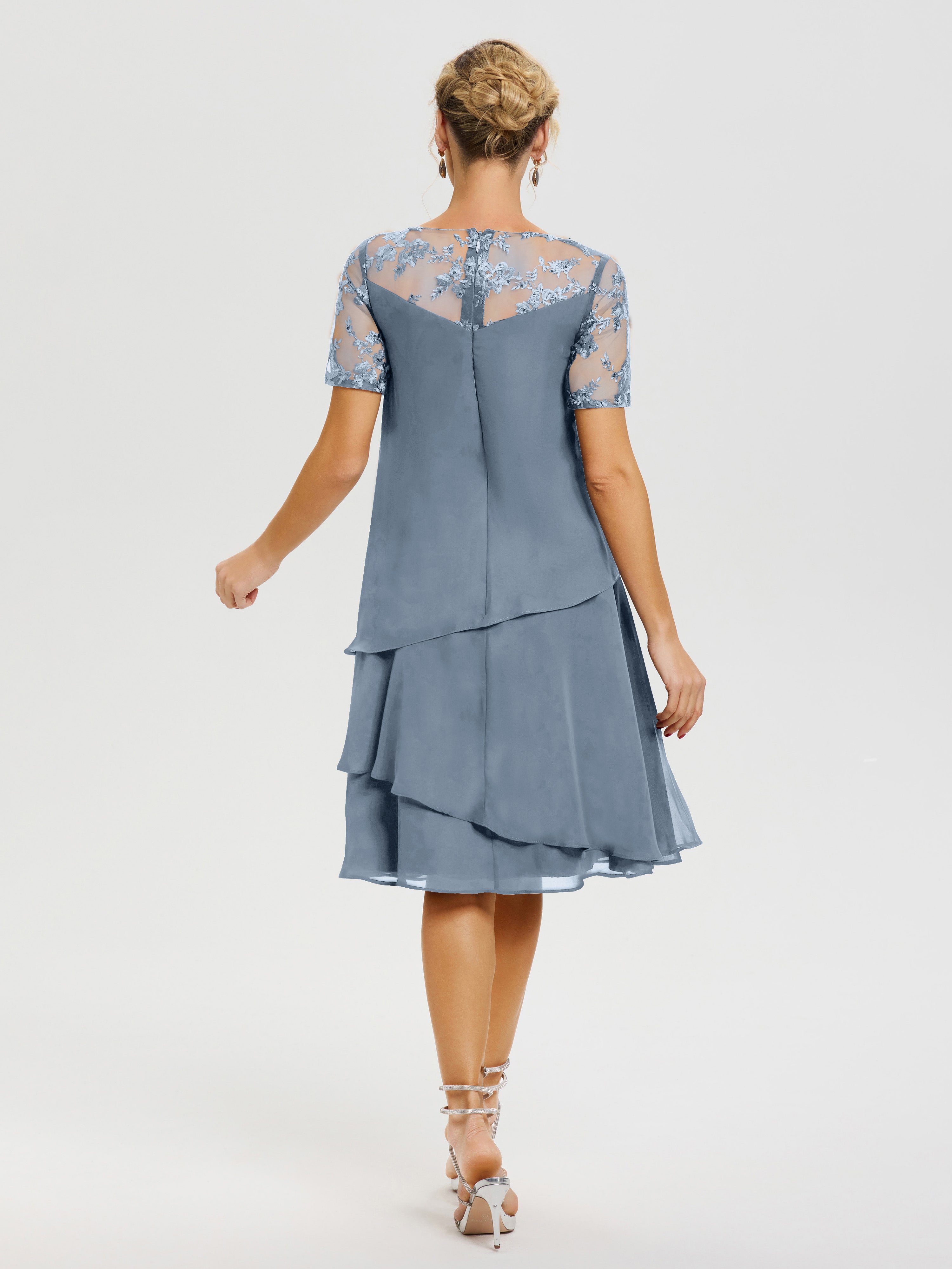 Cicinia Robe Mère De La Mariée Bleu Poudré Col Rond Mancherons Mousseline & Dentelle Robe De Cérémonie Mère Du Marié