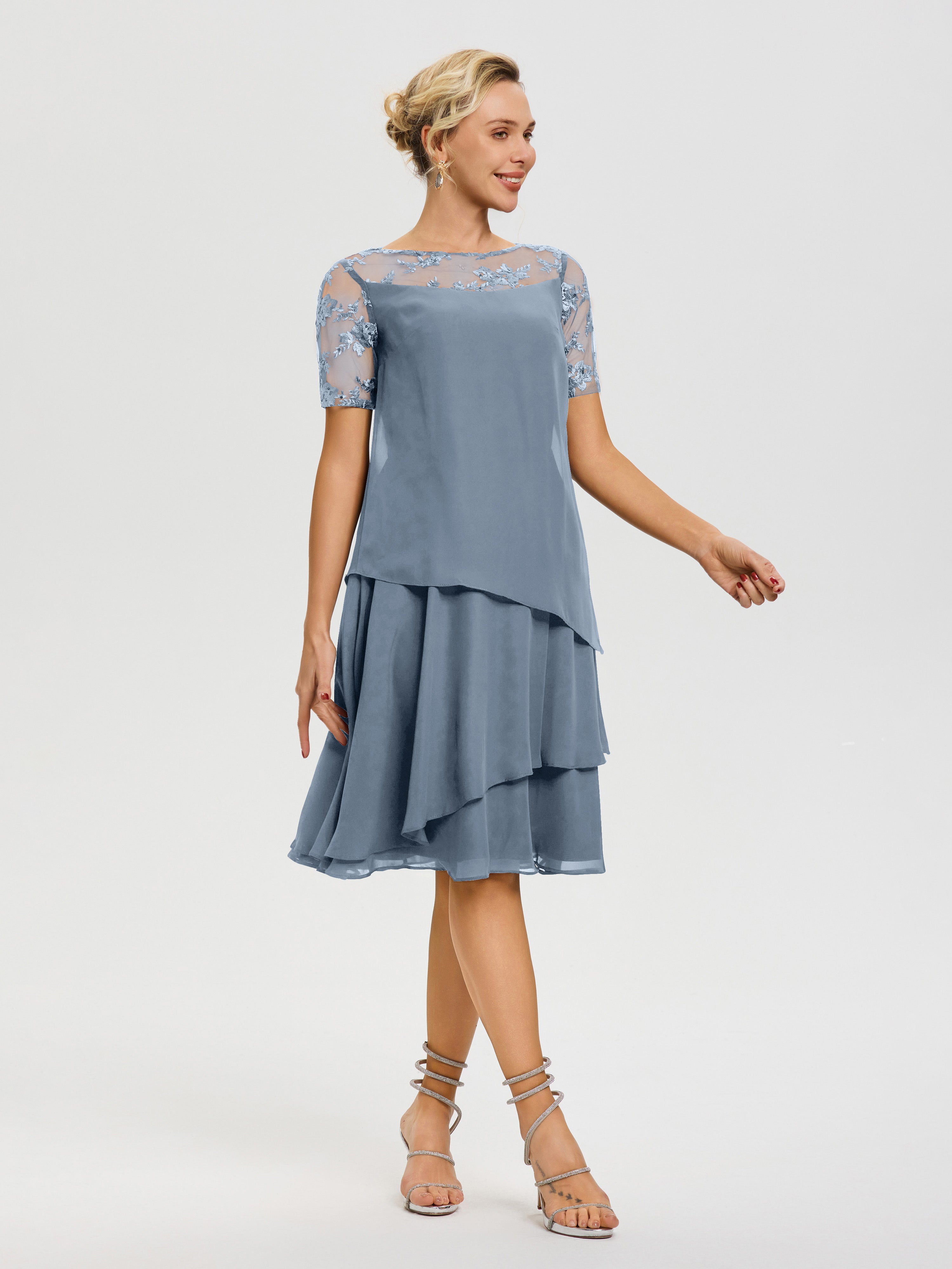 Cicinia Robe Mère De La Mariée Bleu Poudré Col Rond Mancherons Mousseline & Dentelle Robe De Cérémonie Mère Du Marié