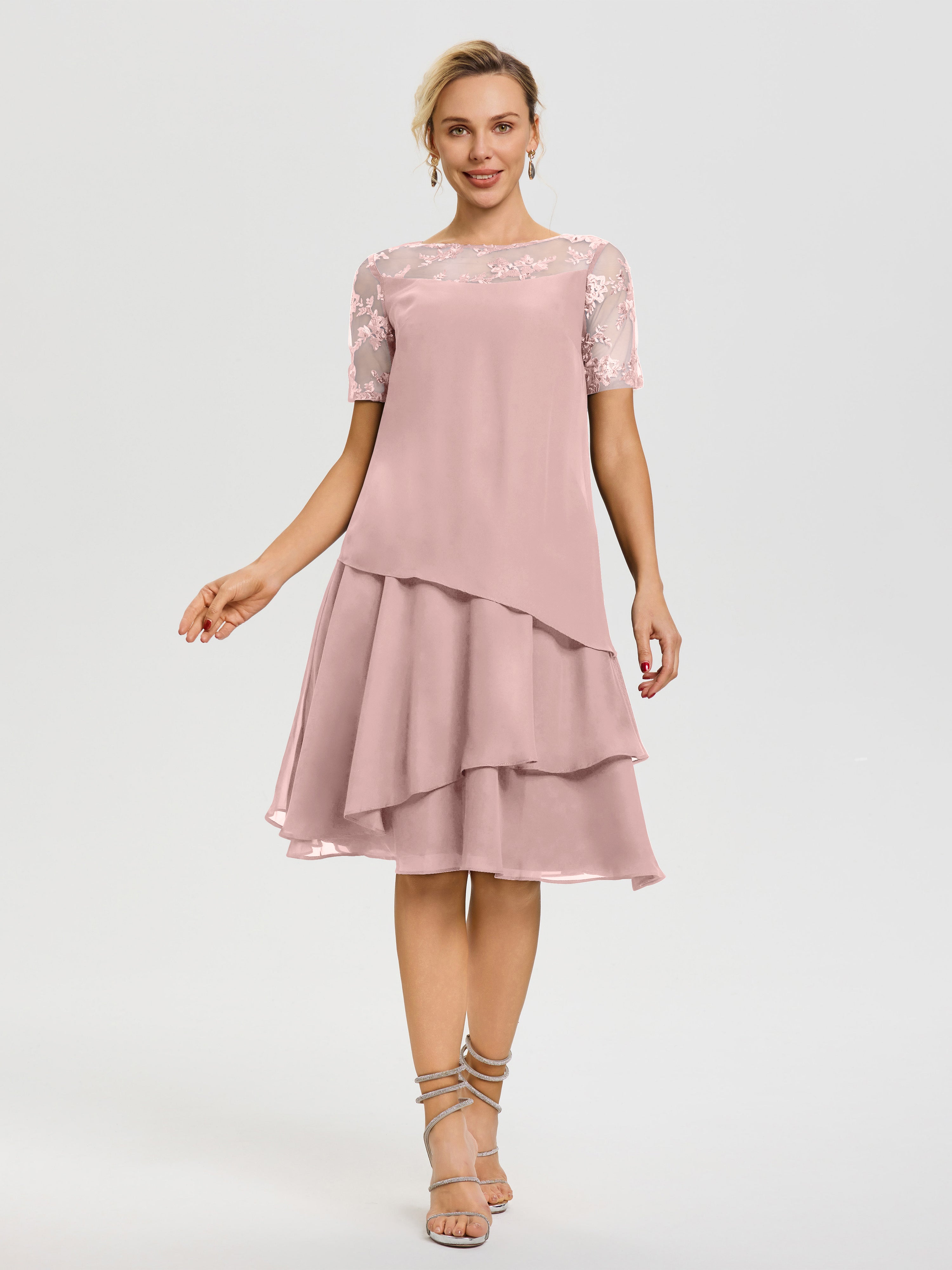 Robe Mere Dela Mariee Rose Poudré Col Rond Mancherons Mousseline & Dentelle Robe De Cérémonie Mère Du Marié
