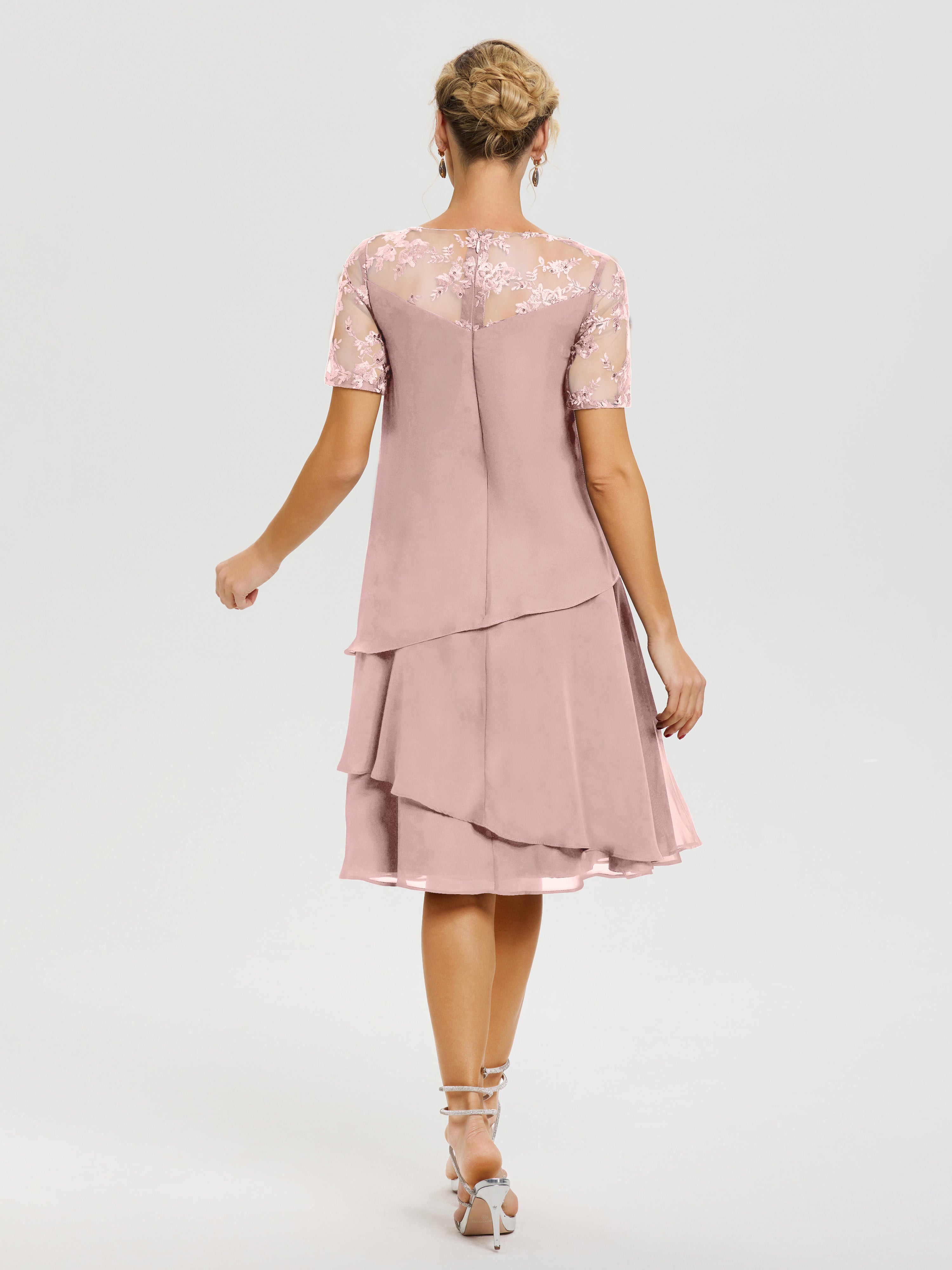 Robe Mere Dela Mariee Rose Poudré Col Rond Mancherons Mousseline & Dentelle Robe De Cérémonie Mère Du Marié