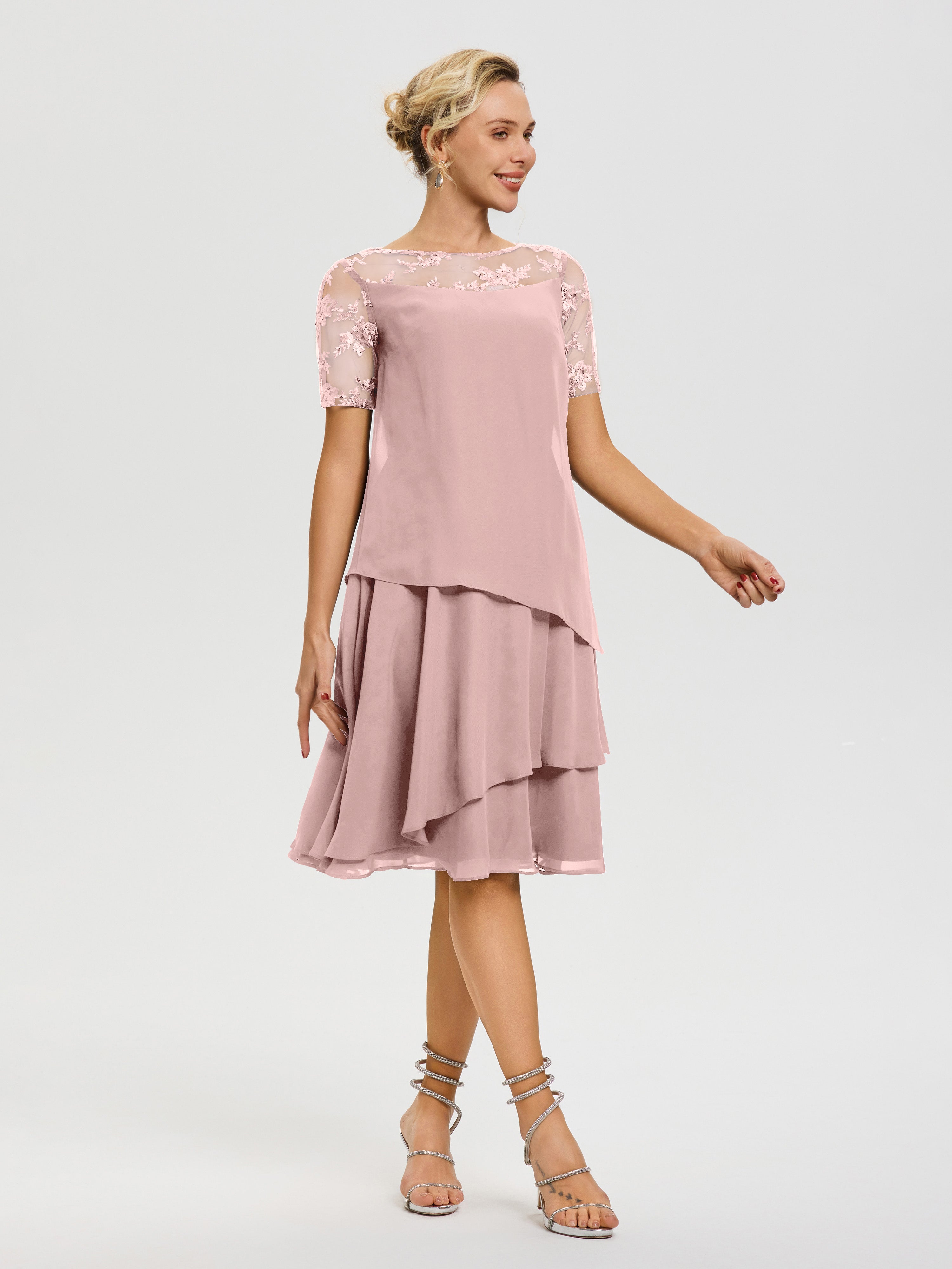 Robe Mere Dela Mariee Rose Poudré Col Rond Mancherons Mousseline & Dentelle Robe De Cérémonie Mère Du Marié