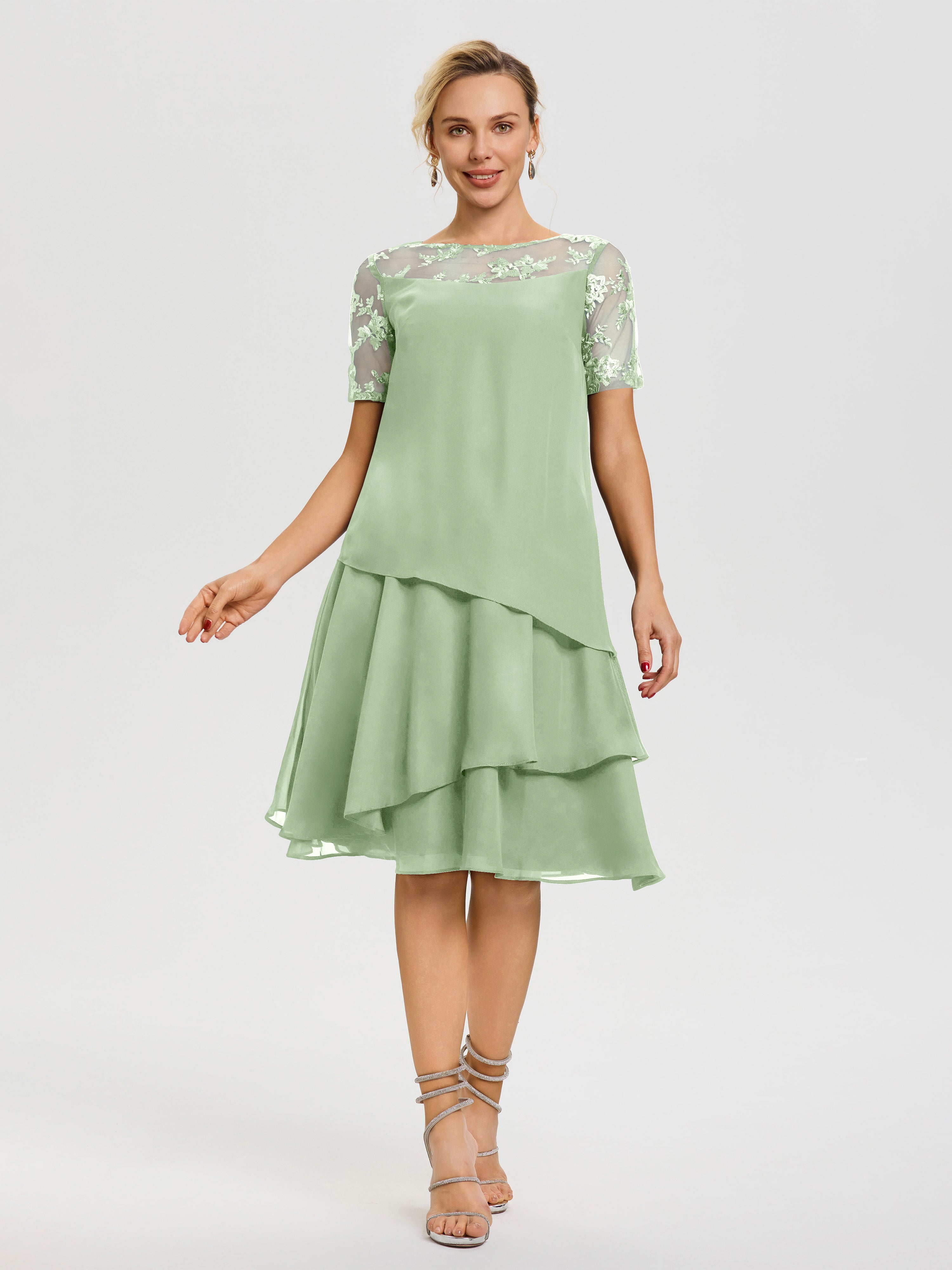 Robe De Mère De La Mariée Sauge Poudrée Col Rond Mancherons Mousseline & Dentelle Robe De Cérémonie Mère Du Marié