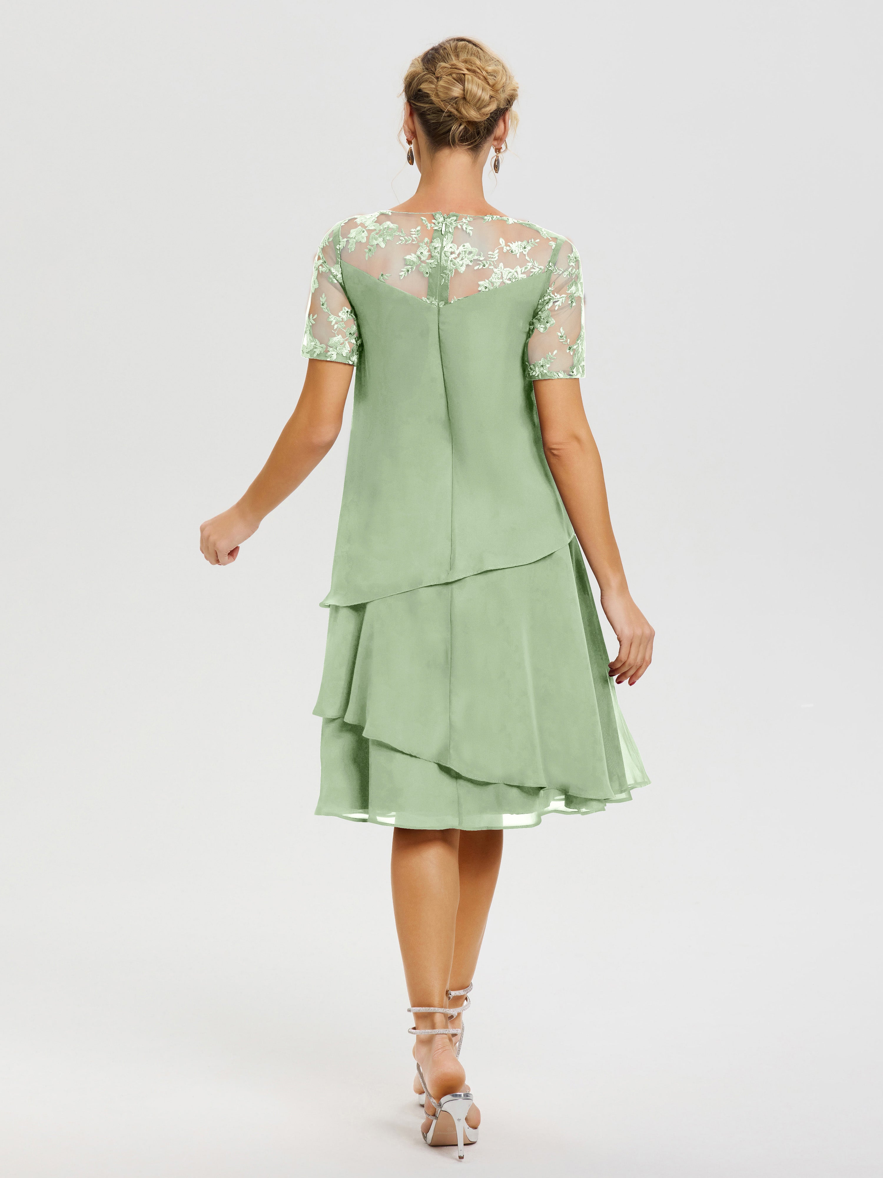 Robe De Mère De La Mariée Sauge Poudrée Col Rond Mancherons Mousseline & Dentelle Robe De Cérémonie Mère Du Marié