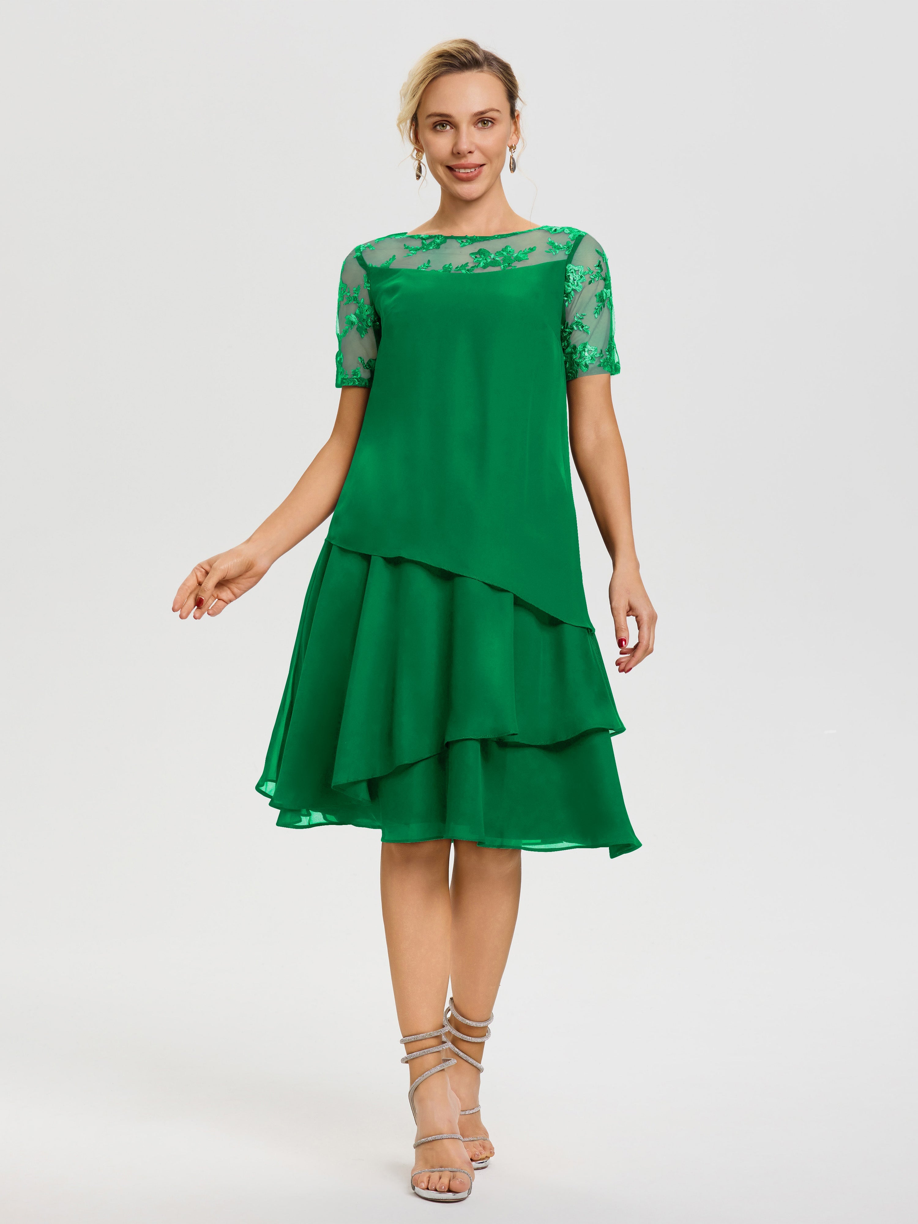 Robe Mère De La Mariee Emeraude Col Rond Mancherons Mousseline & Dentelle Robe De Cérémonie Mère Du Marié