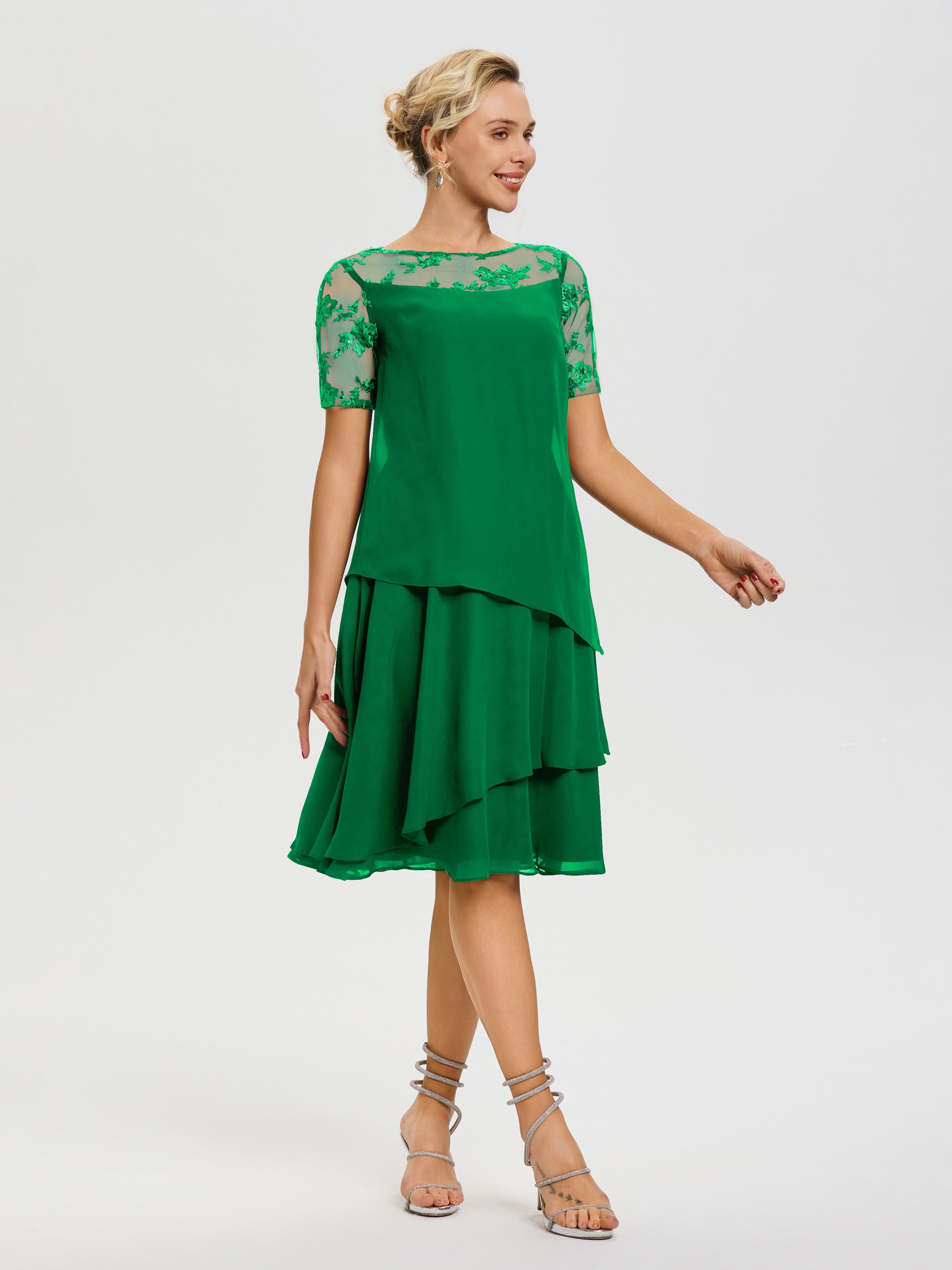 Robe Mère De La Mariee Emeraude Col Rond Mancherons Mousseline & Dentelle Robe De Cérémonie Mère Du Marié