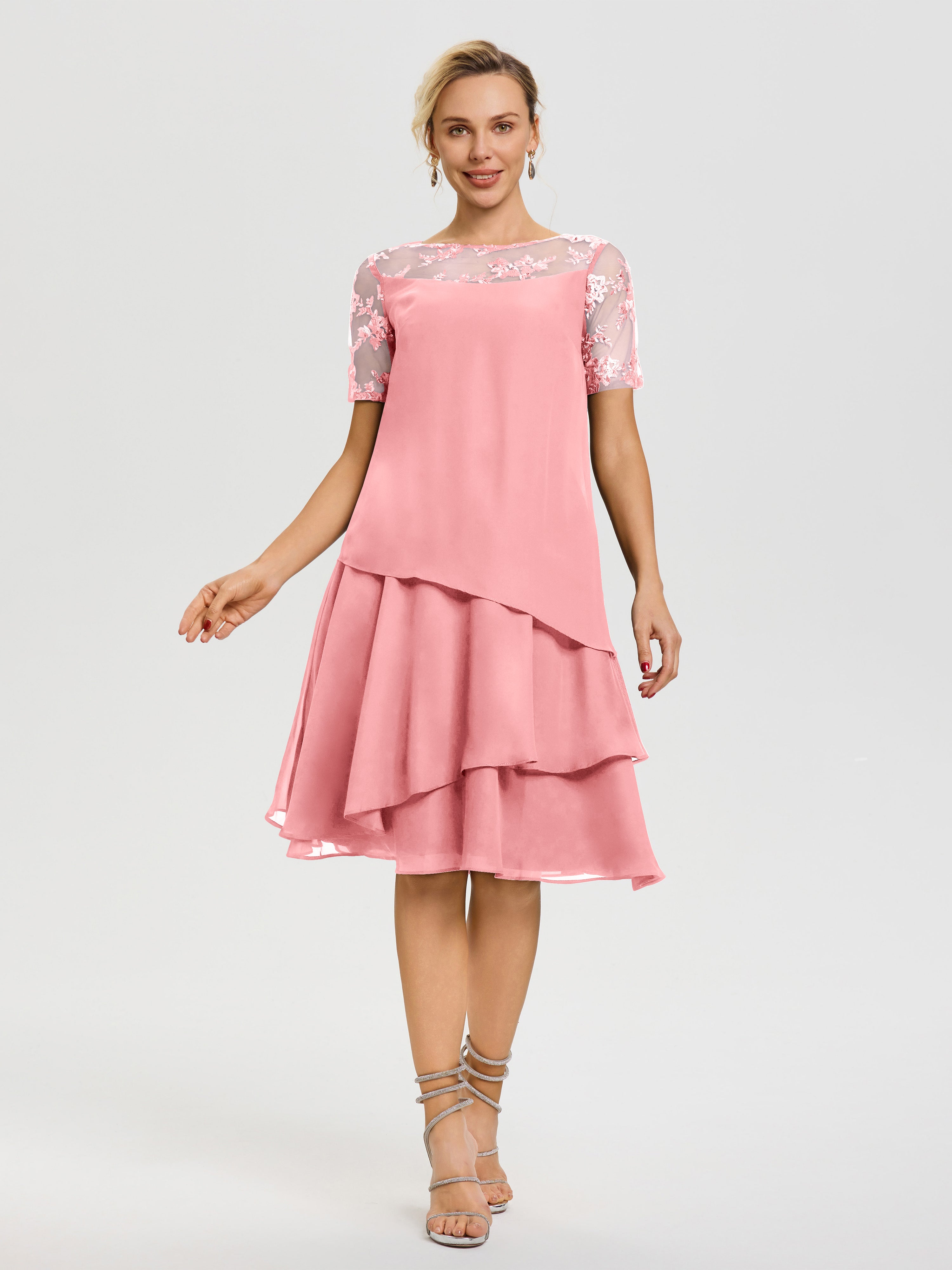 Robe Mère De La Mariee Flamant Col Rond Mancherons Mousseline & Dentelle Robe De Cérémonie Mère Du Marié