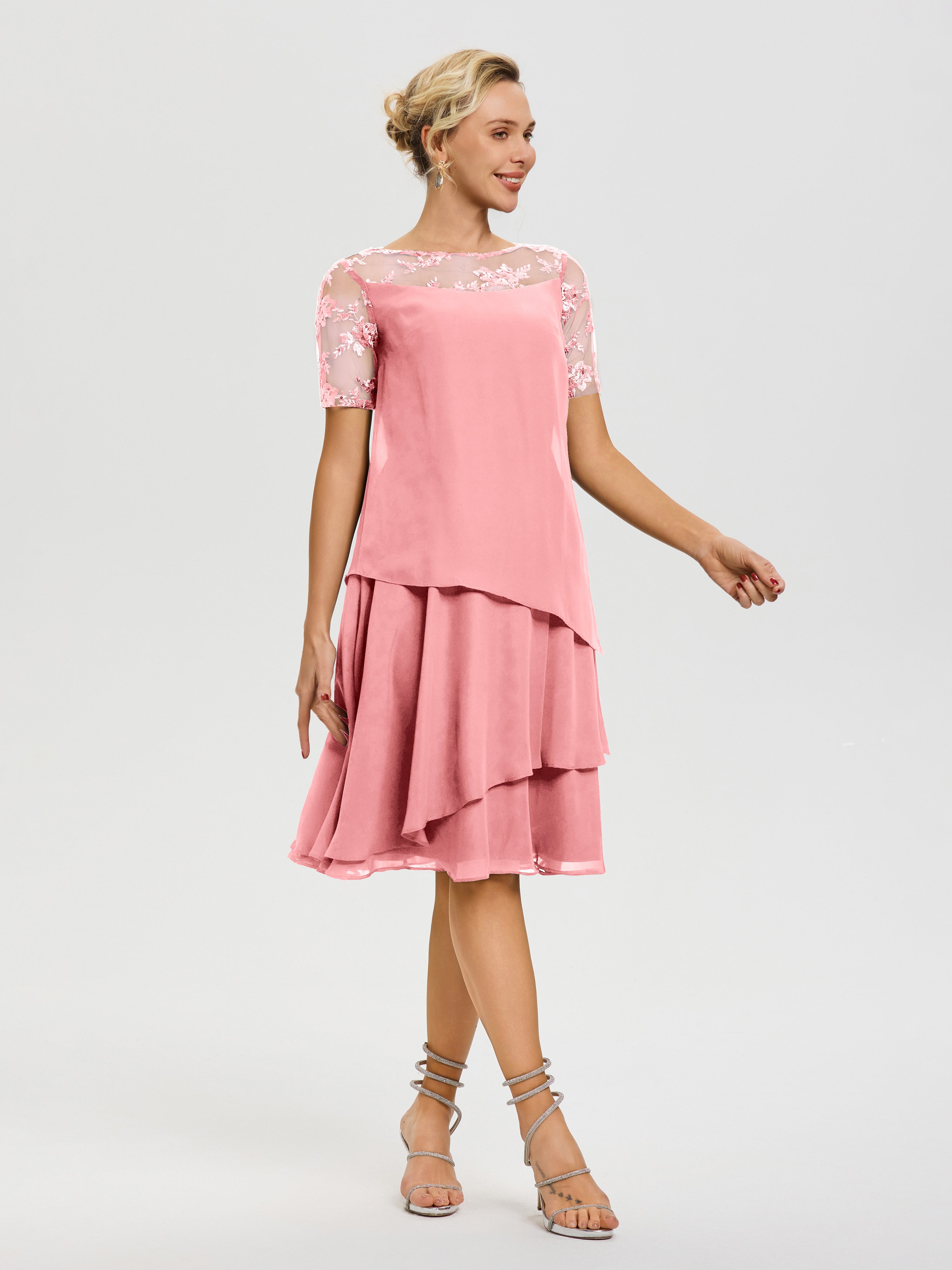 Robe Mère De La Mariee Flamant Col Rond Mancherons Mousseline & Dentelle Robe De Cérémonie Mère Du Marié