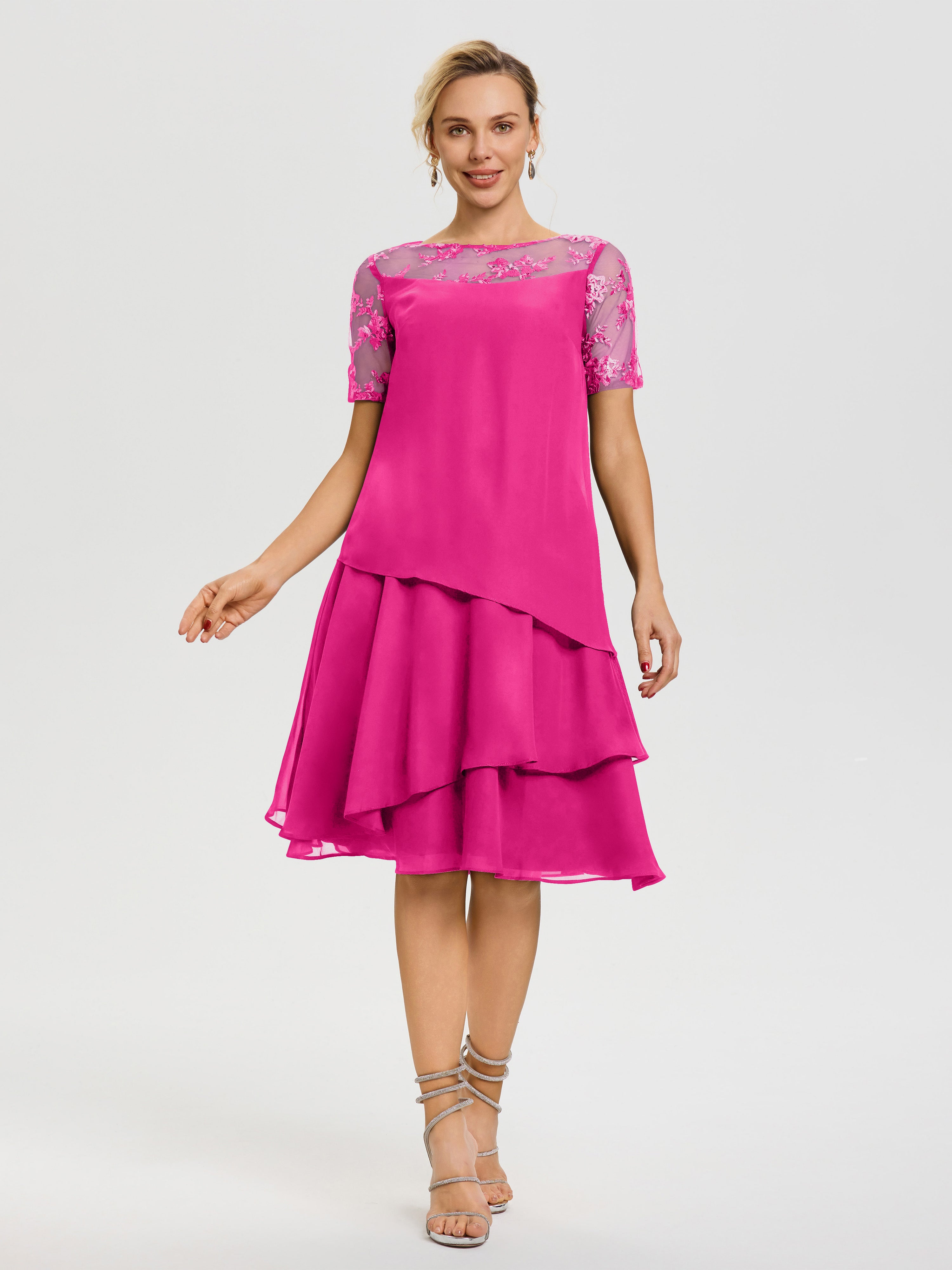 Cicinia Robe Mère De La Mariée Fuchsia Col Rond Mancherons Mousseline & Dentelle Robe De Cérémonie Mère Du Marié