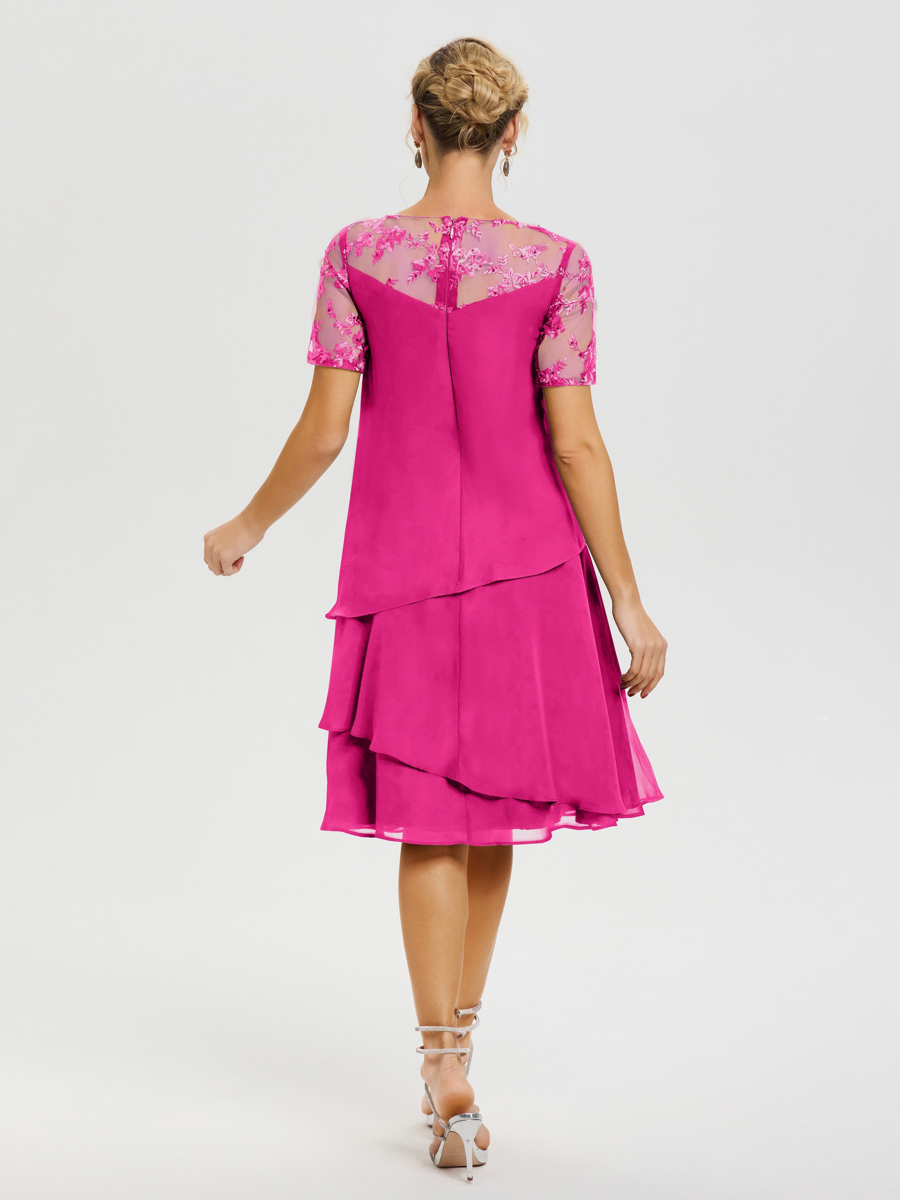 Cicinia Robe Mère De La Mariée Fuchsia Col Rond Mancherons Mousseline & Dentelle Robe De Cérémonie Mère Du Marié
