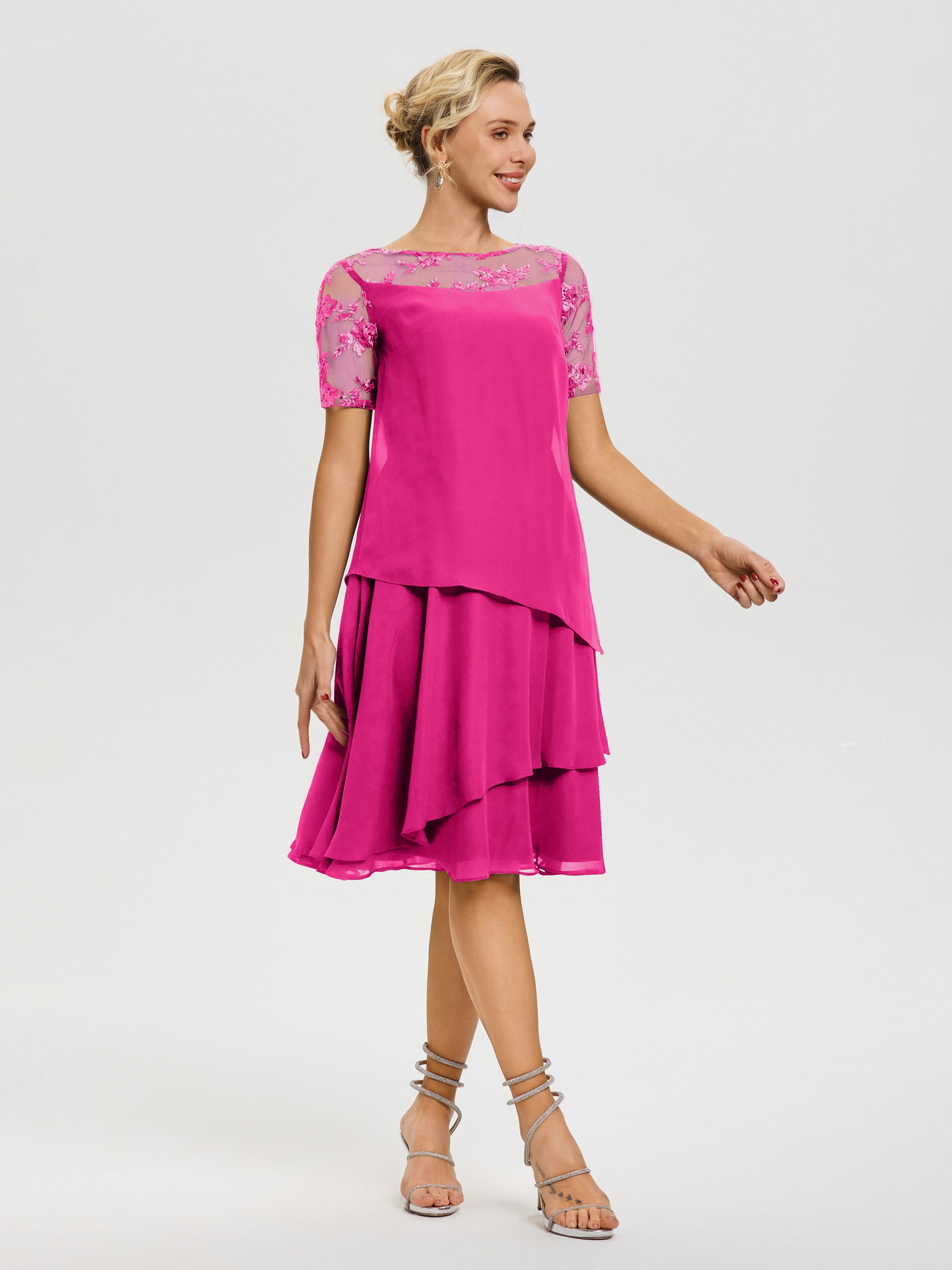 Cicinia Robe Mère De La Mariée Fuchsia Col Rond Mancherons Mousseline & Dentelle Robe De Cérémonie Mère Du Marié