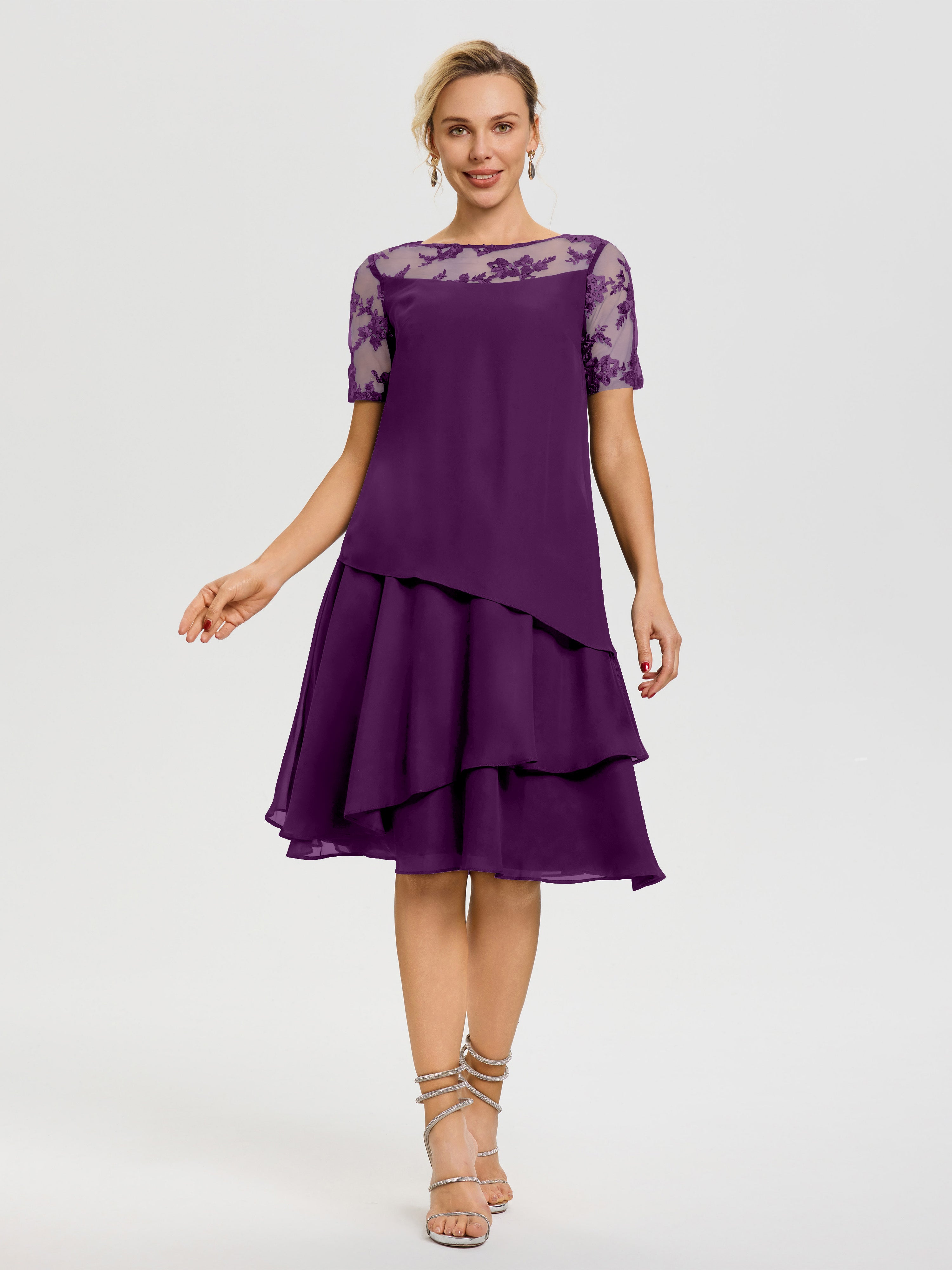 Robe De La Mère Du Marié Raisin Col Rond Mancherons Mousseline & Dentelle Robe De Cérémonie Mère Du Marié