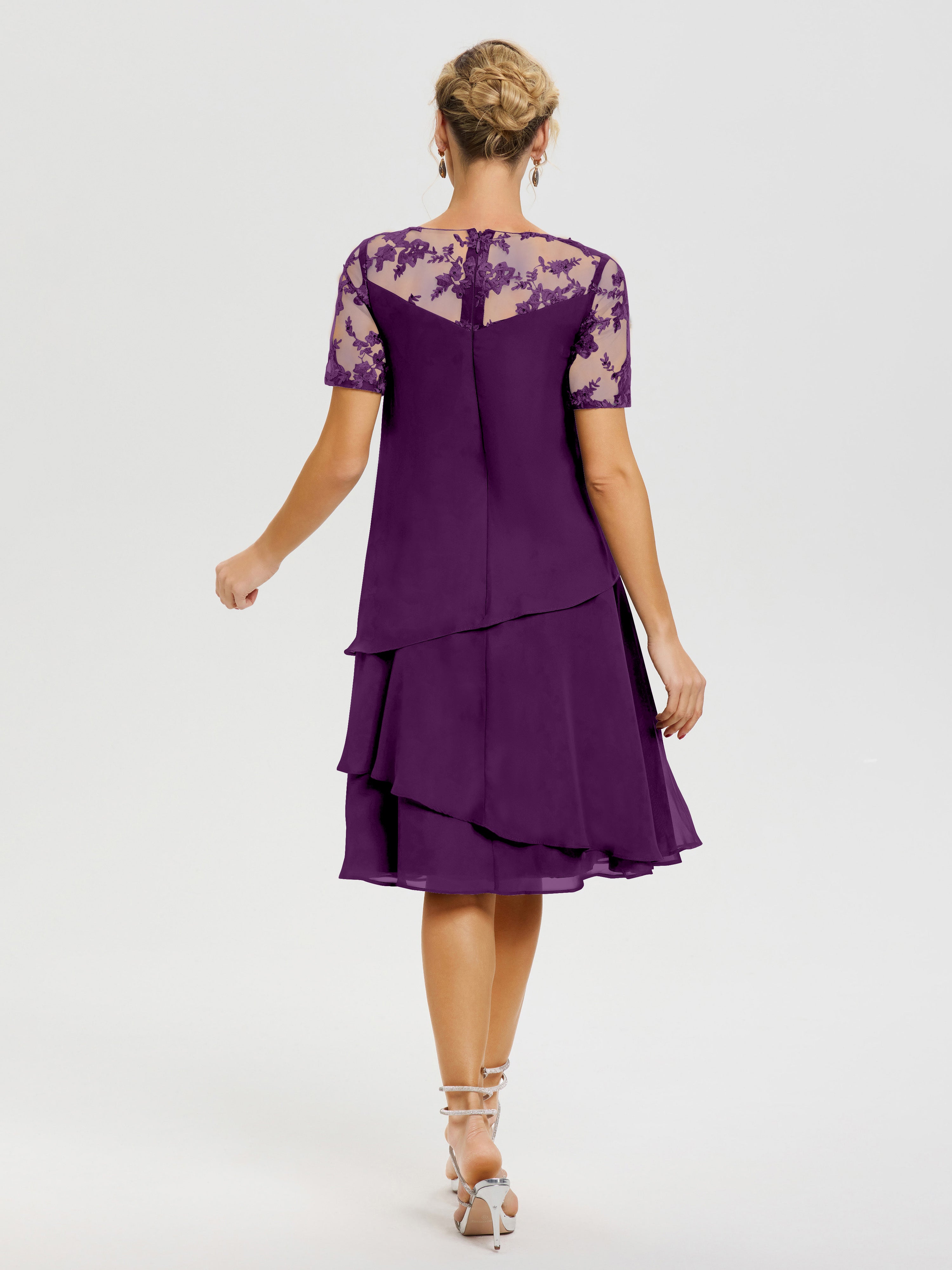 Robe De La Mère Du Marié Raisin Col Rond Mancherons Mousseline & Dentelle Robe De Cérémonie Mère Du Marié