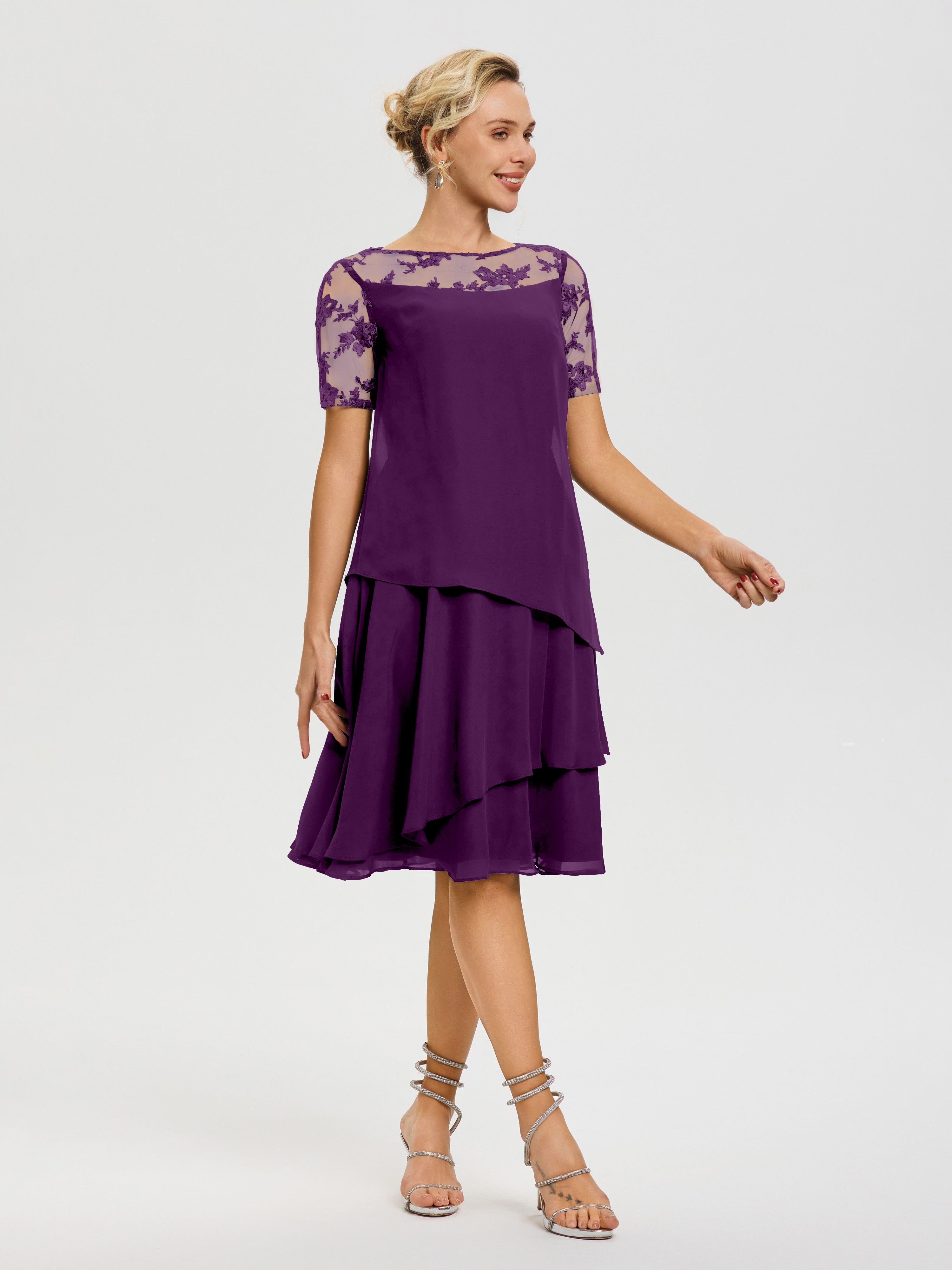 Robe De La Mère Du Marié Raisin Col Rond Mancherons Mousseline & Dentelle Robe De Cérémonie Mère Du Marié