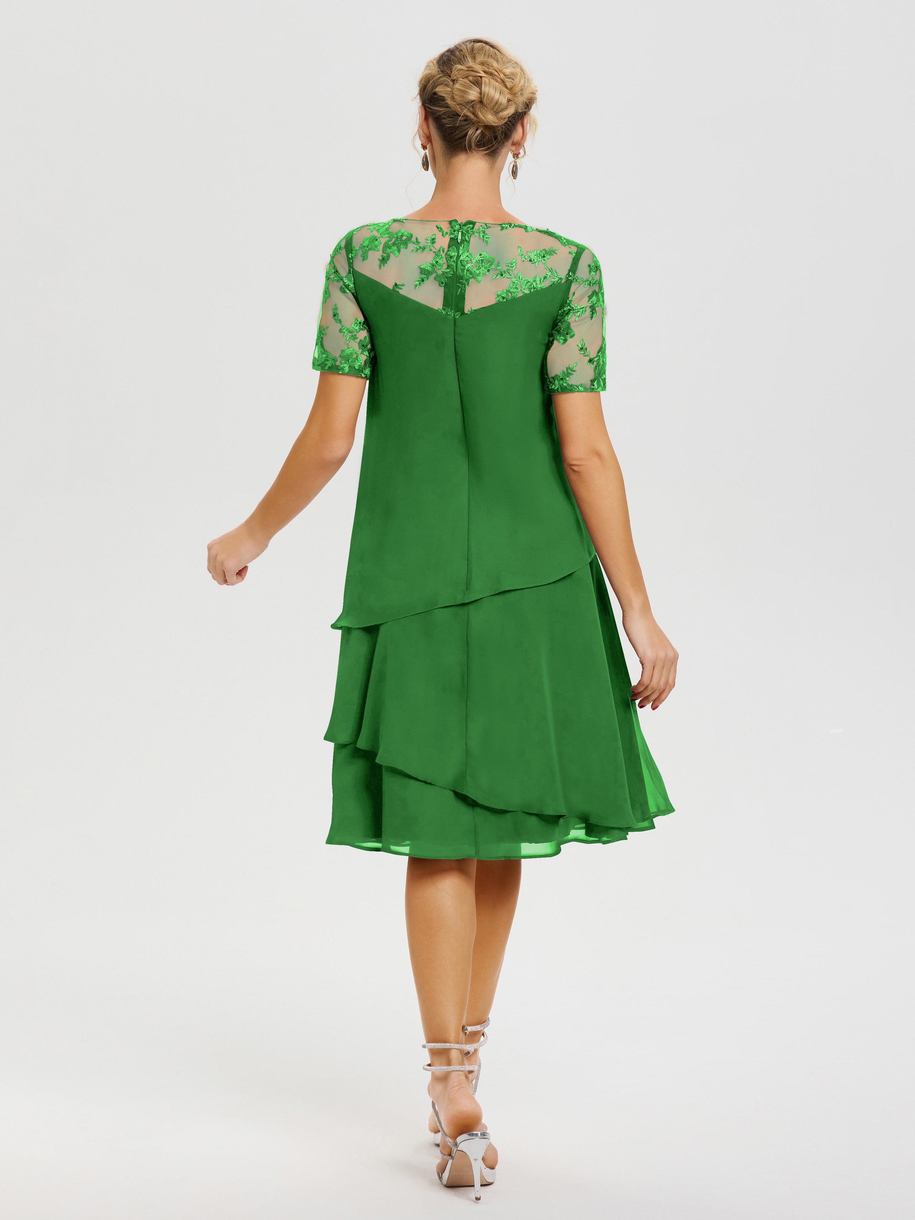 Robe Mère Mariée Vert Col Rond Mancherons Mousseline & Dentelle Robe De Cérémonie Mère Du Marié