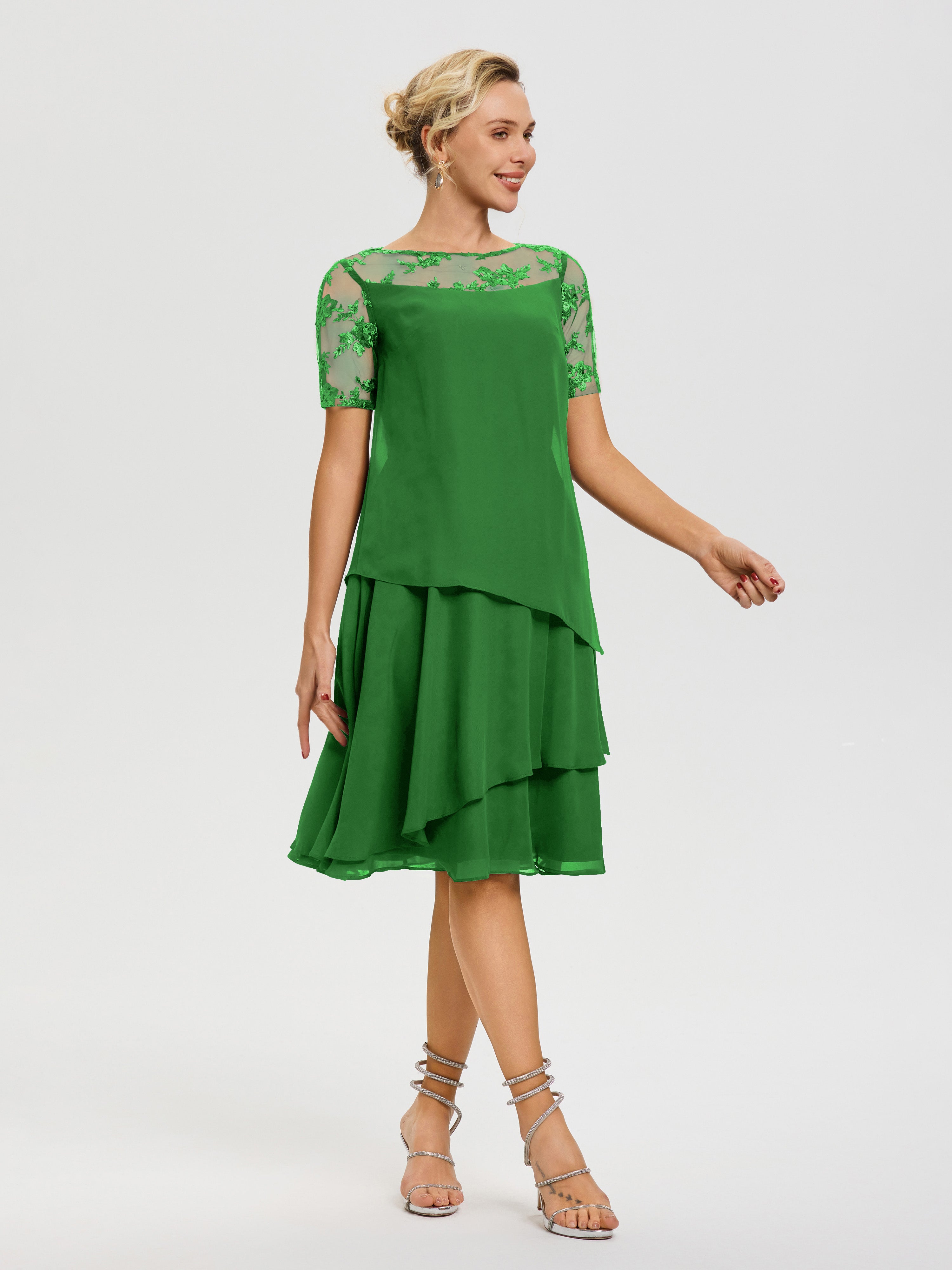 Robe Mère Mariée Vert Col Rond Mancherons Mousseline & Dentelle Robe De Cérémonie Mère Du Marié