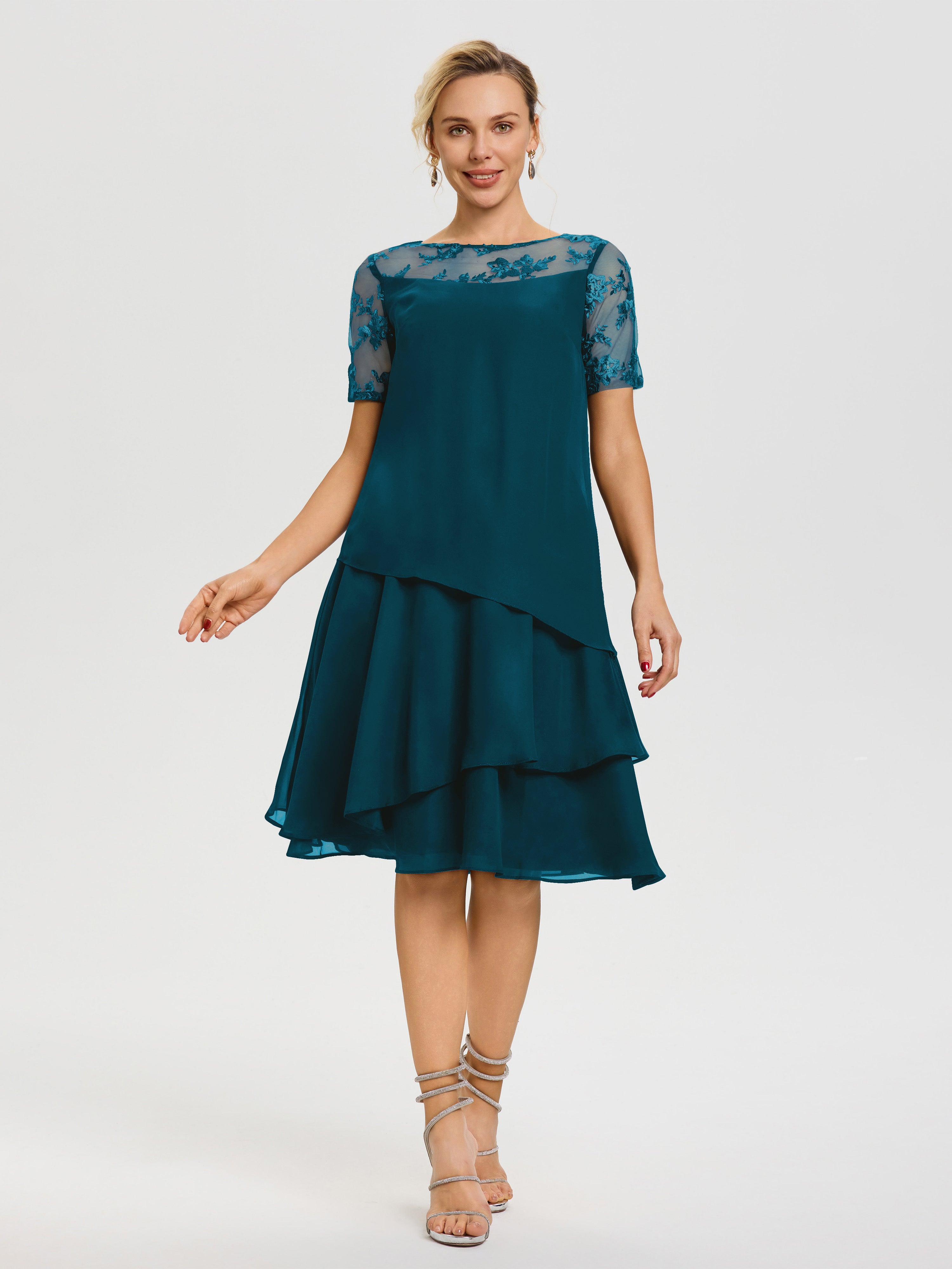 Cicinia Robe Mère De La Mariée Bleu Encre Col Rond Mancherons Mousseline & Dentelle Robe De Cérémonie Mère Du Marié