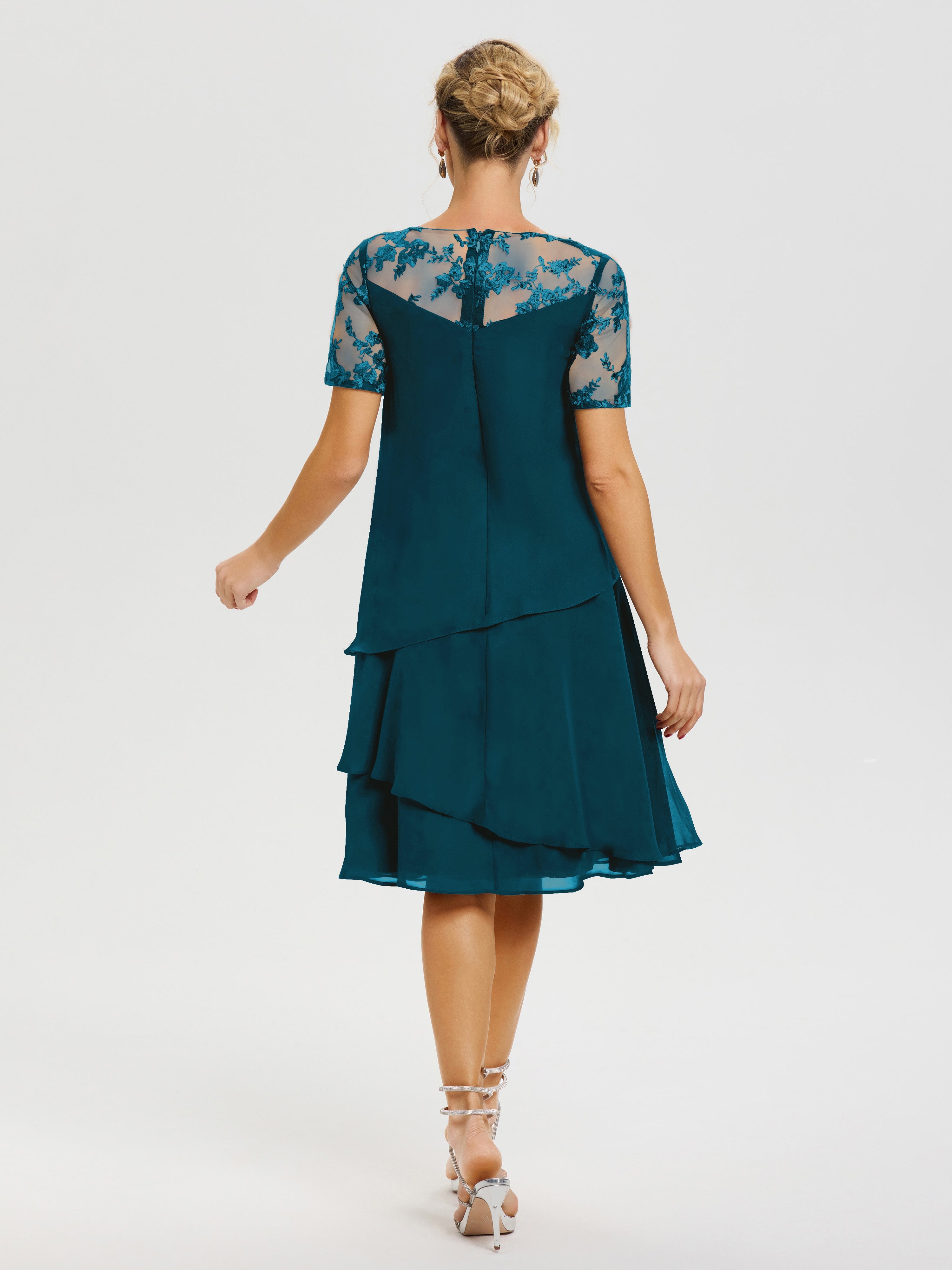 Cicinia Robe Mère De La Mariée Bleu Encre Col Rond Mancherons Mousseline & Dentelle Robe De Cérémonie Mère Du Marié