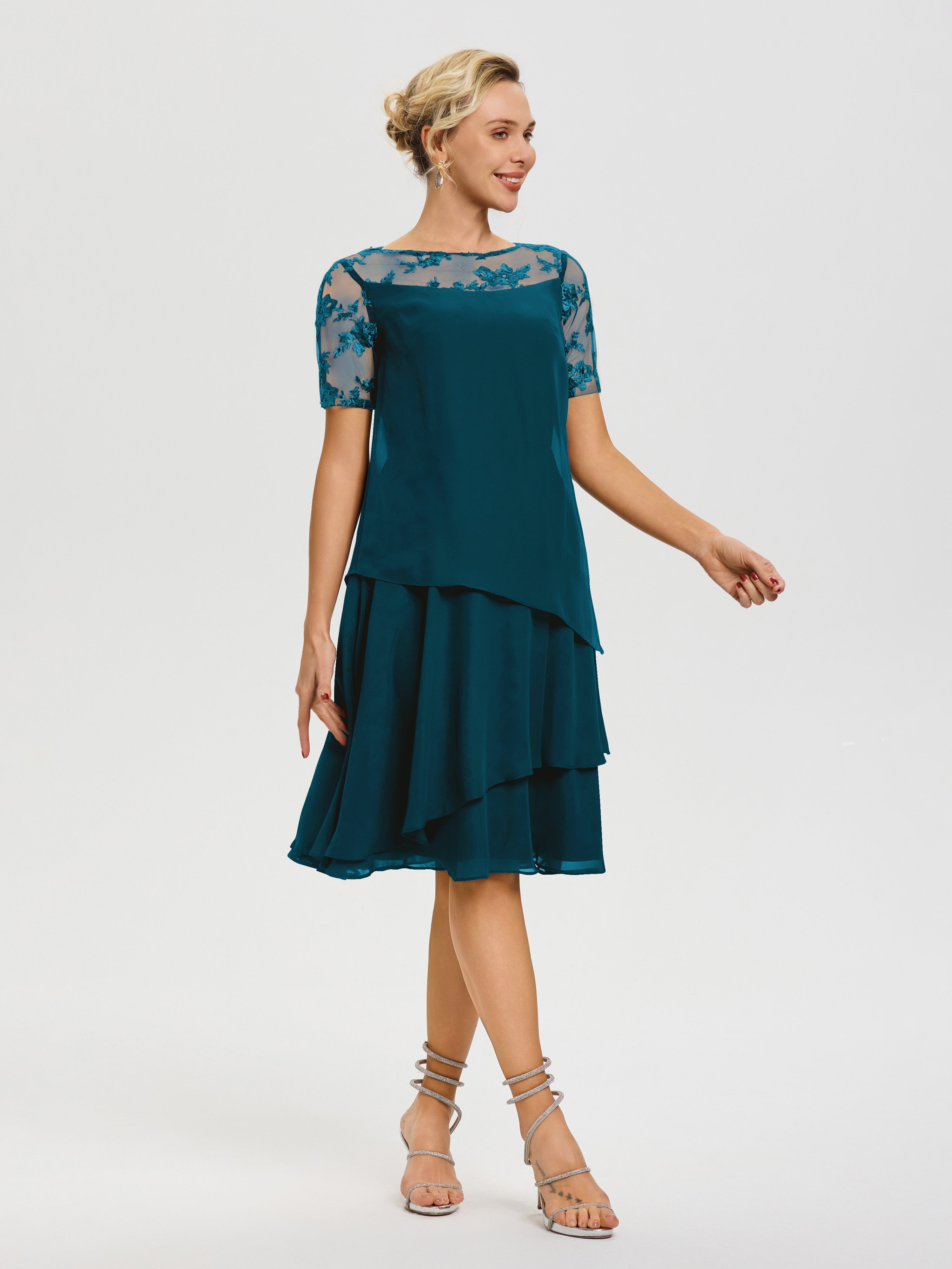 Cicinia Robe Mère De La Mariée Bleu Encre Col Rond Mancherons Mousseline & Dentelle Robe De Cérémonie Mère Du Marié