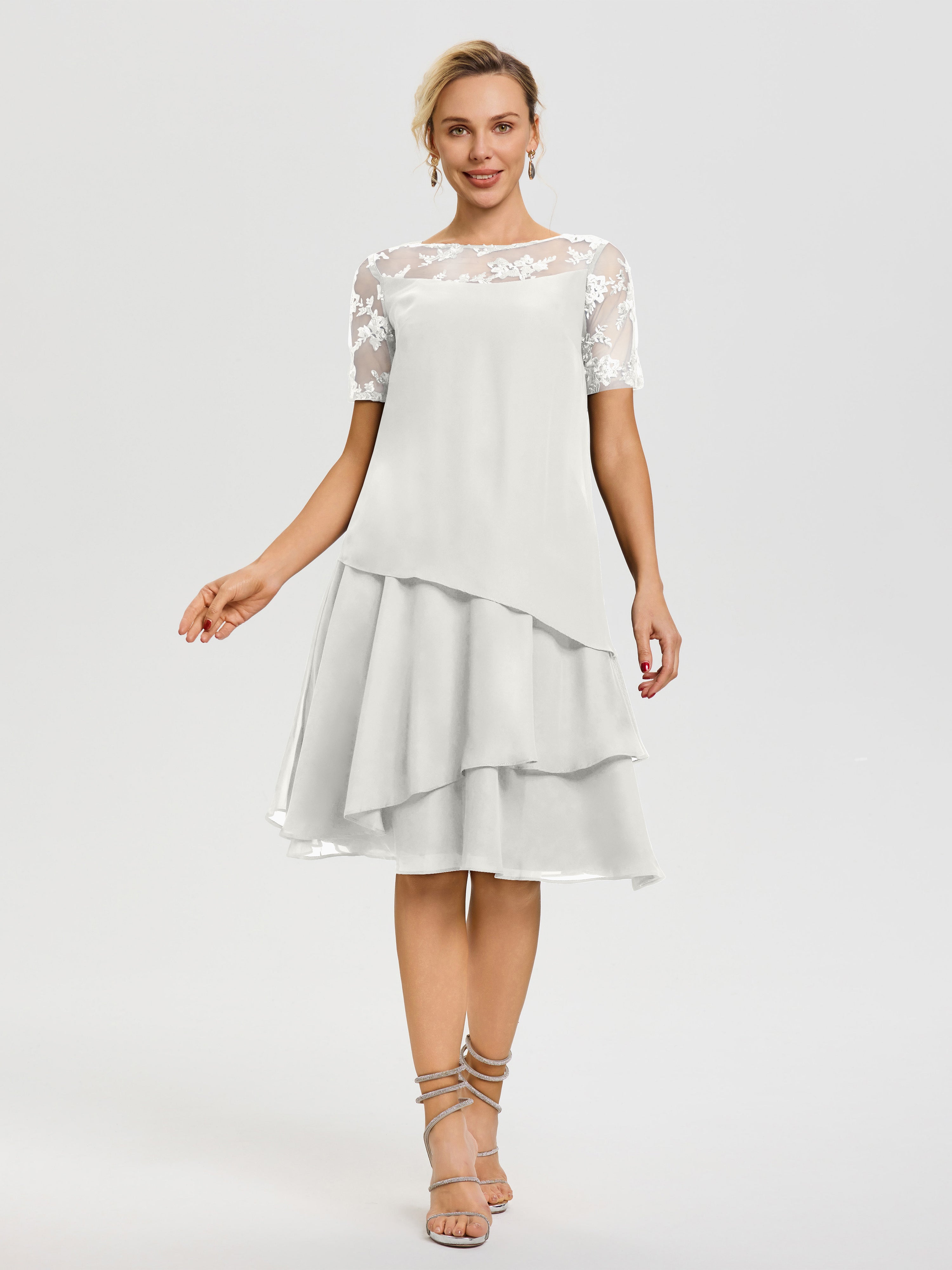 Cicinia Robe Mère De La Mariée Ivoire Col Rond Mancherons Mousseline & Dentelle Robe De Cérémonie Mère Du Marié