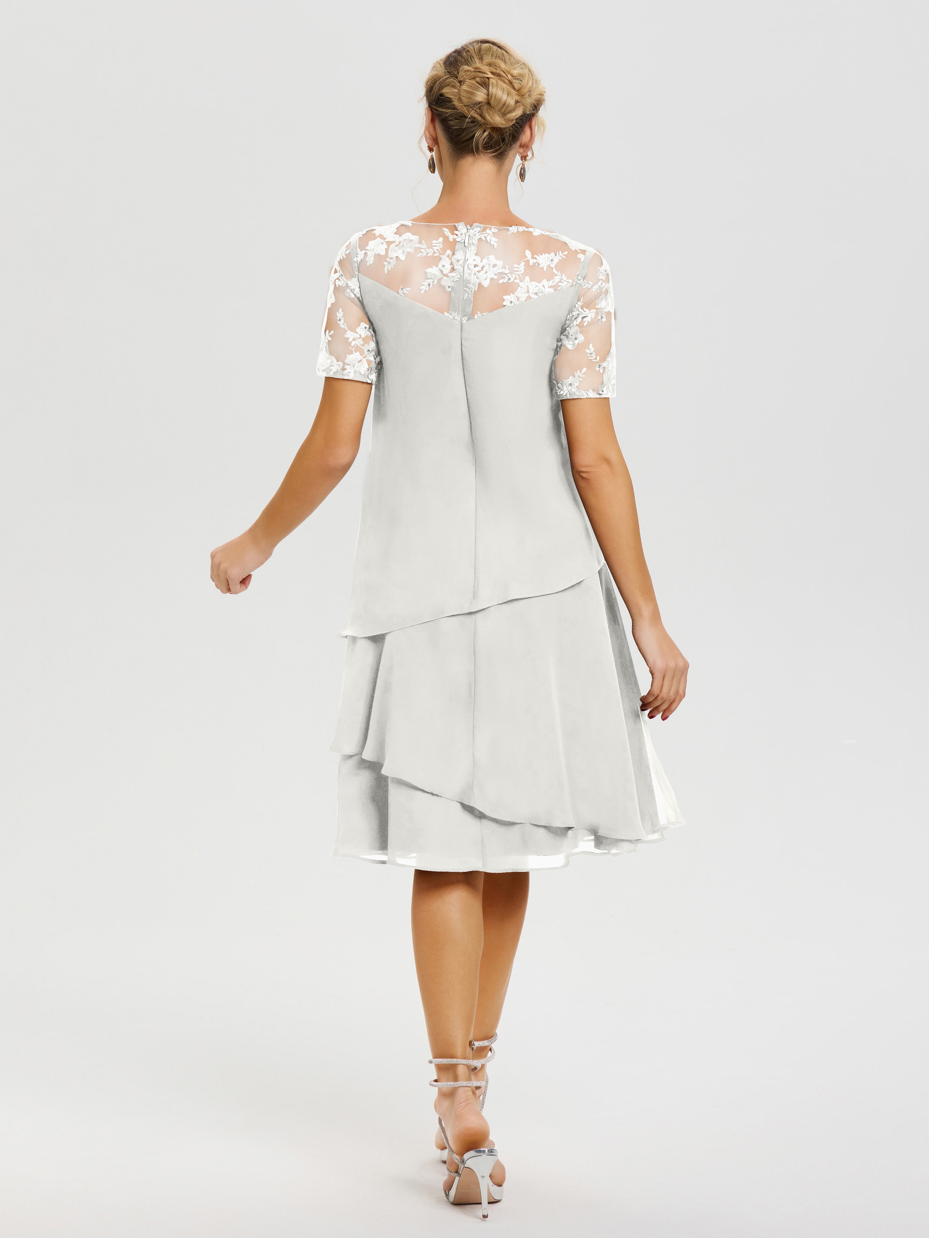 Cicinia Robe Mère De La Mariée Ivoire Col Rond Mancherons Mousseline & Dentelle Robe De Cérémonie Mère Du Marié