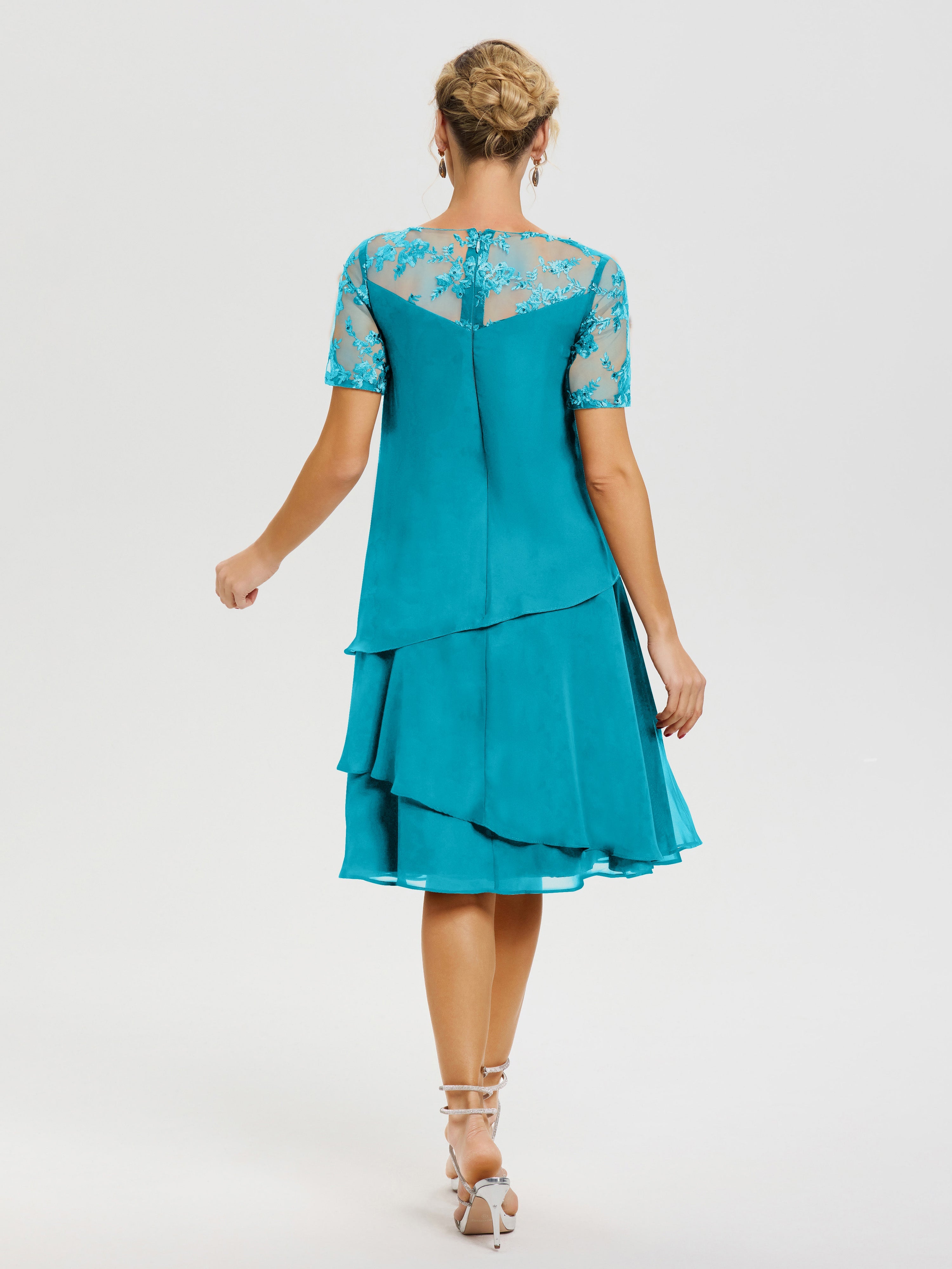 Robe De La Mère Du Marié Ivoire Col Rond Mancherons Mousseline & Dentelle Robe De Cérémonie Mère Du Marié