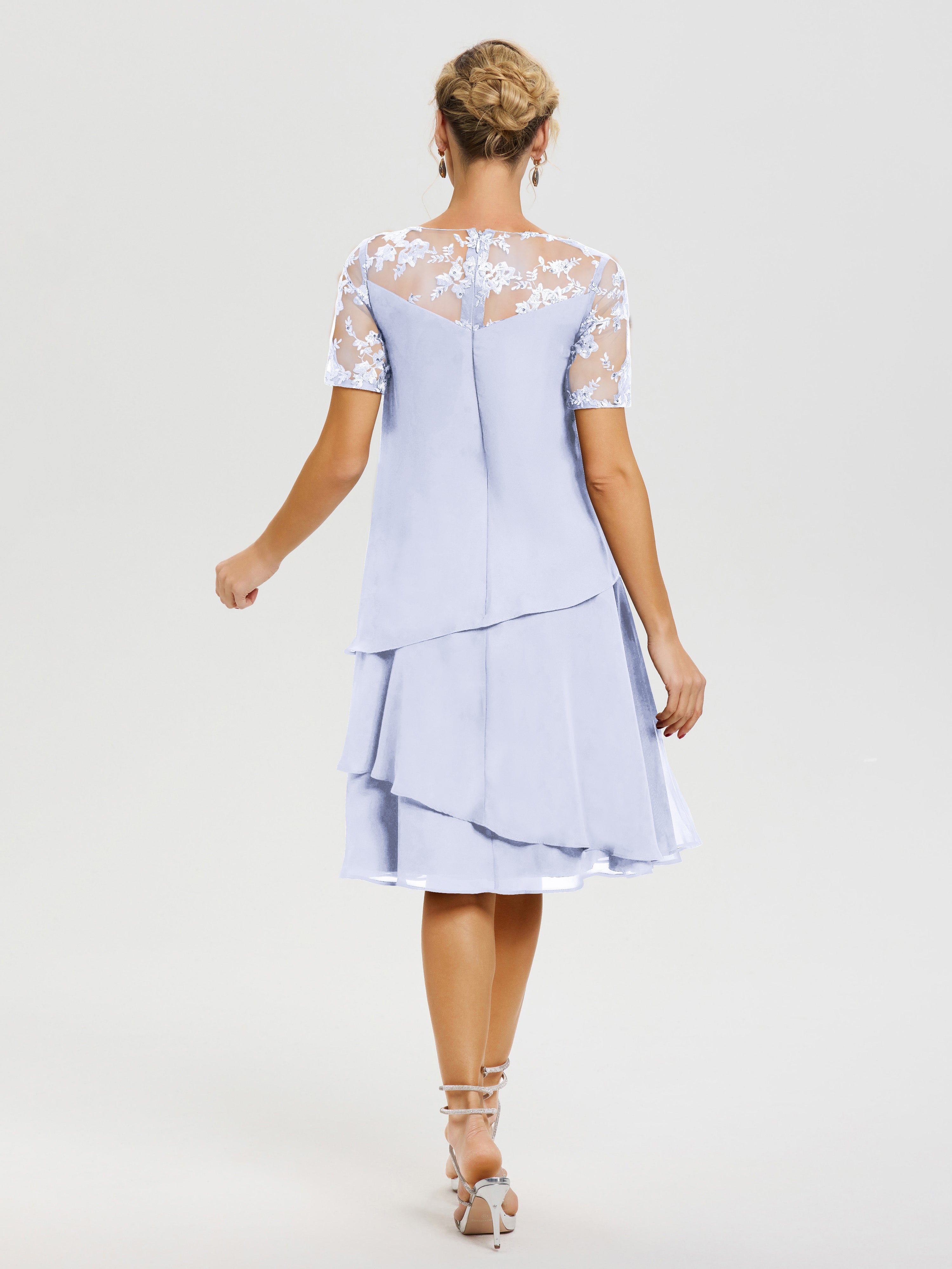 Robe De La Mère Du Marié Lavande Col Rond Mancherons Mousseline & Dentelle Robe De Cérémonie Mère Du Marié