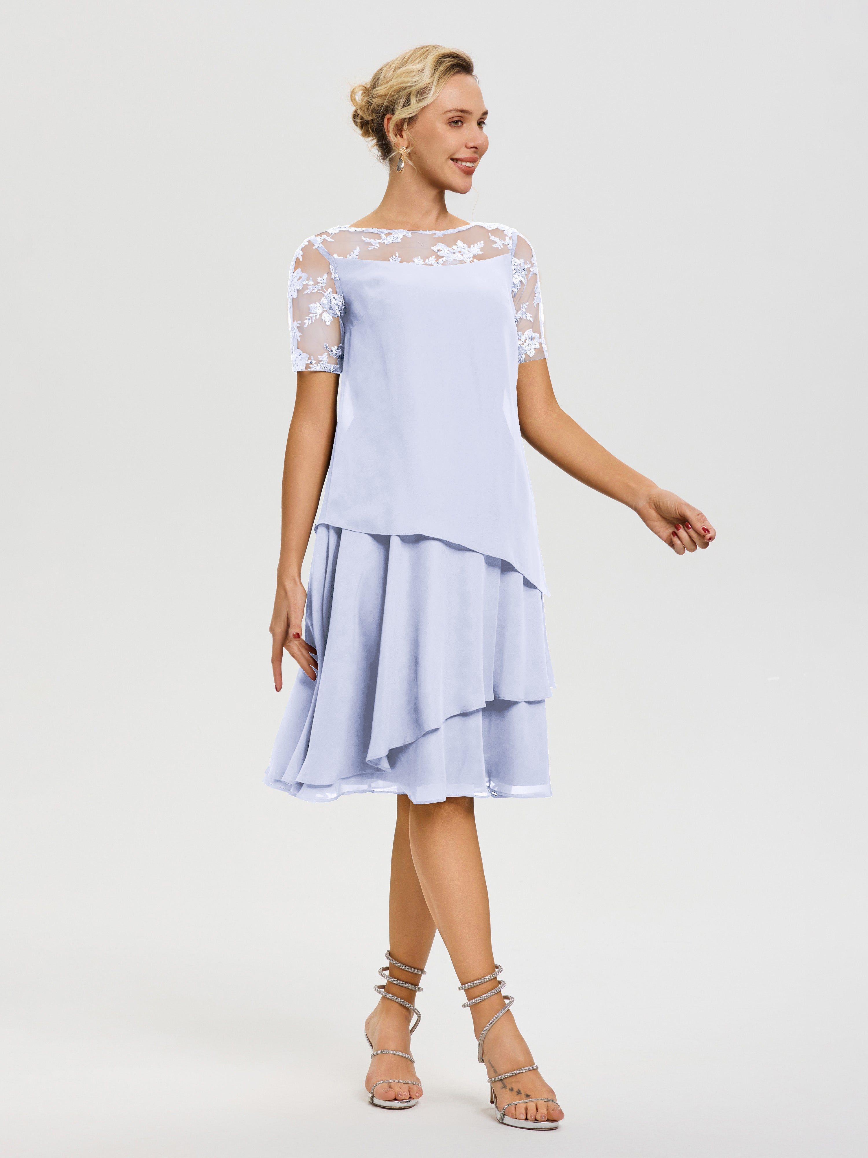 Robe De La Mère Du Marié Lavande Col Rond Mancherons Mousseline & Dentelle Robe De Cérémonie Mère Du Marié