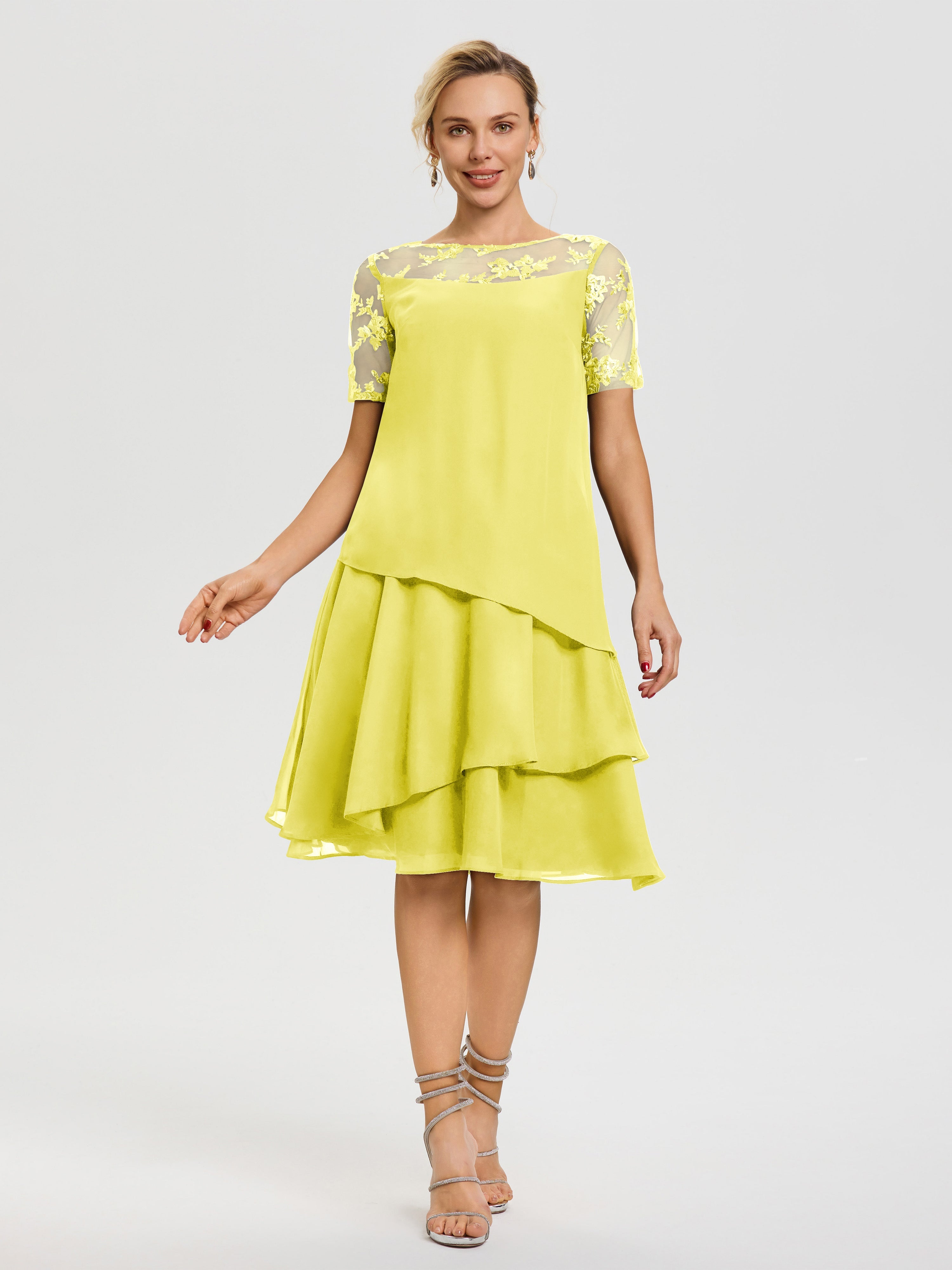 Robe Mère De La Mariee Citron Col-Rond-Mancherons-Mousseline-Dentelle-Robe-De-Ceremonie-Mere-Du-Marie