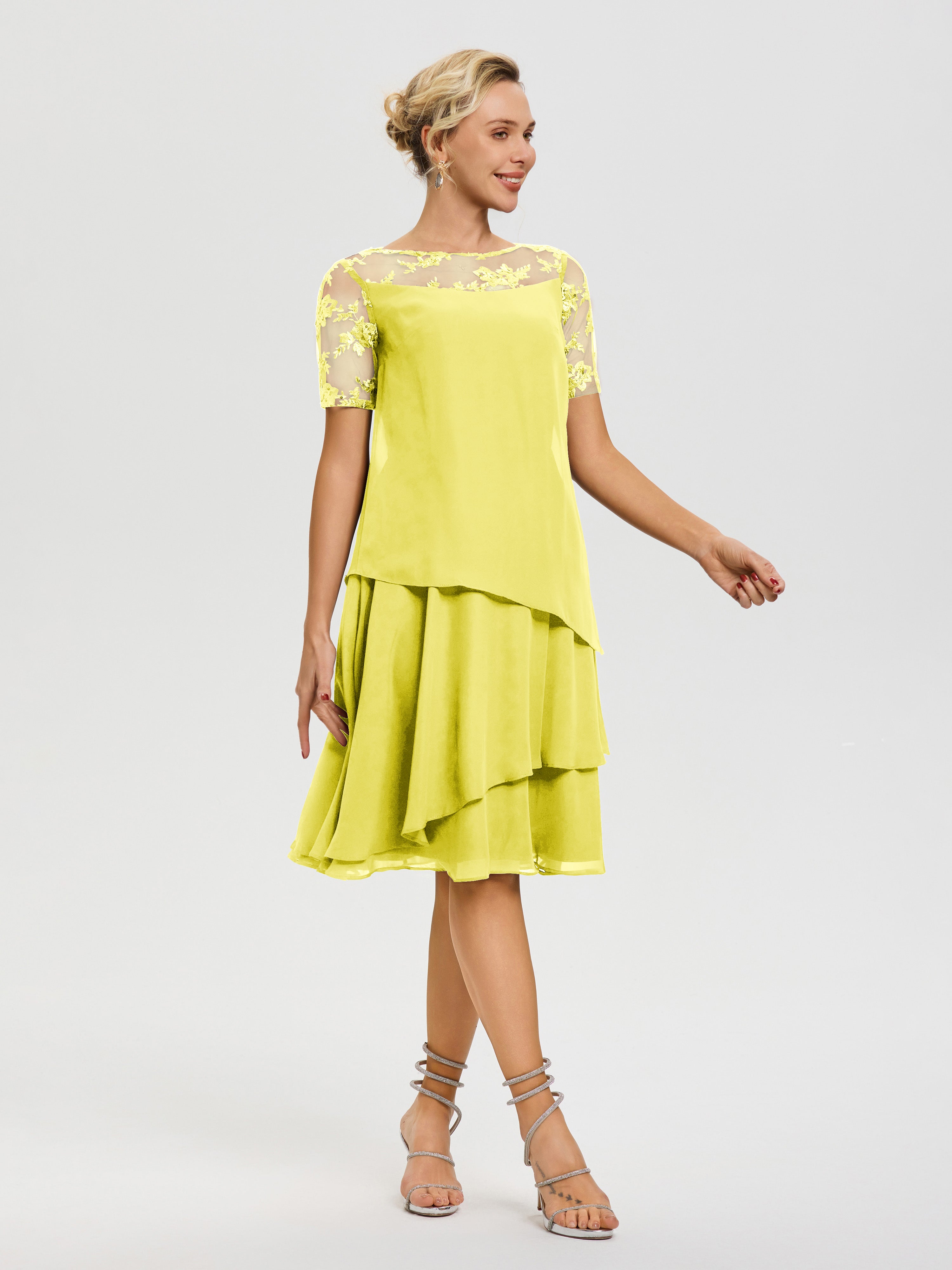 Robe Mère De La Mariee Citron Col-Rond-Mancherons-Mousseline-Dentelle-Robe-De-Ceremonie-Mere-Du-Marie