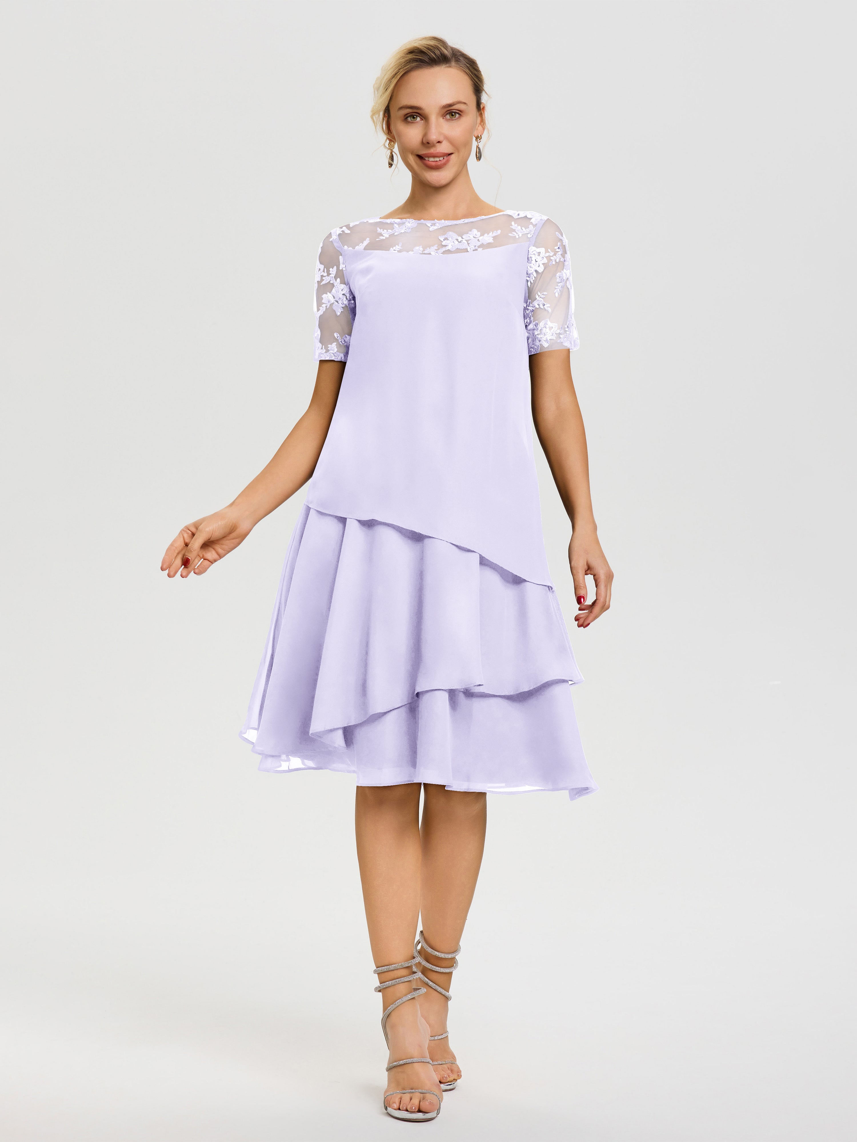 Robe De La Mère Du Marié Lilas Col Rond Mancherons Mousseline & Dentelle Robe De Cérémonie Mère Du Marié