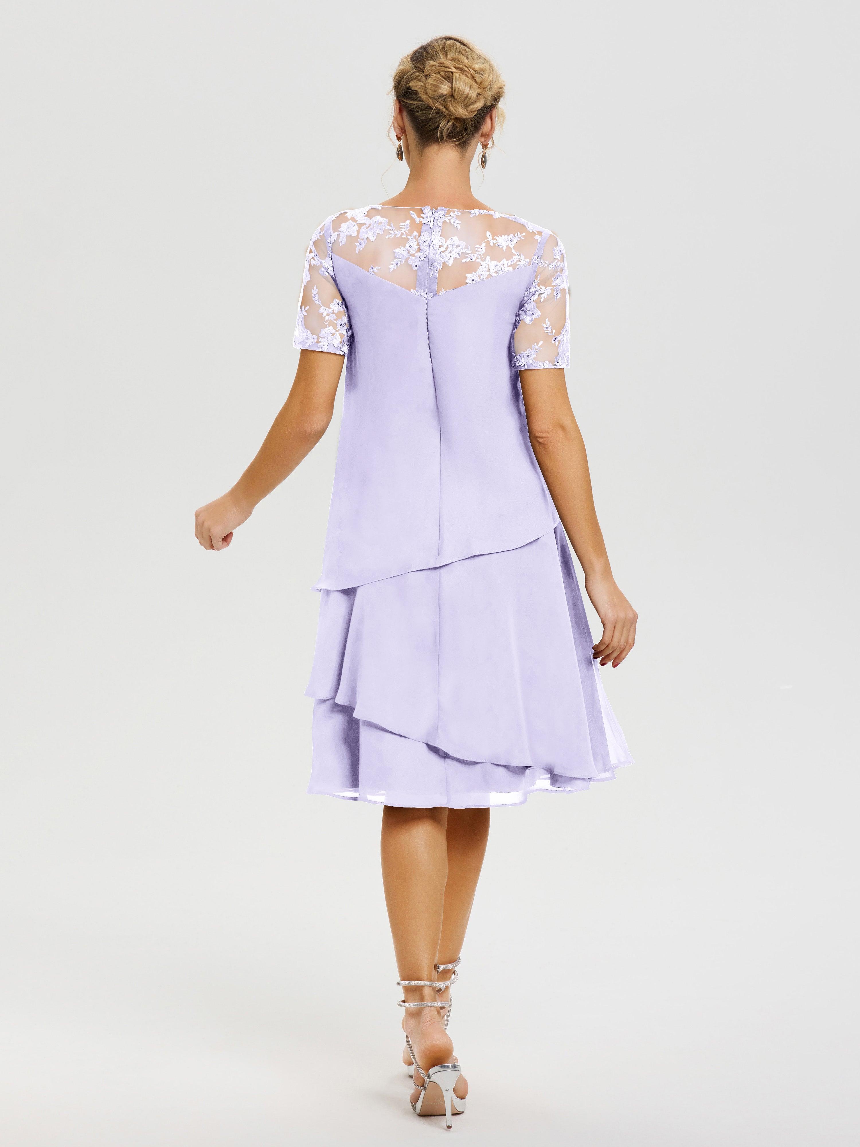 Robe De La Mère Du Marié Lilas Col Rond Mancherons Mousseline & Dentelle Robe De Cérémonie Mère Du Marié