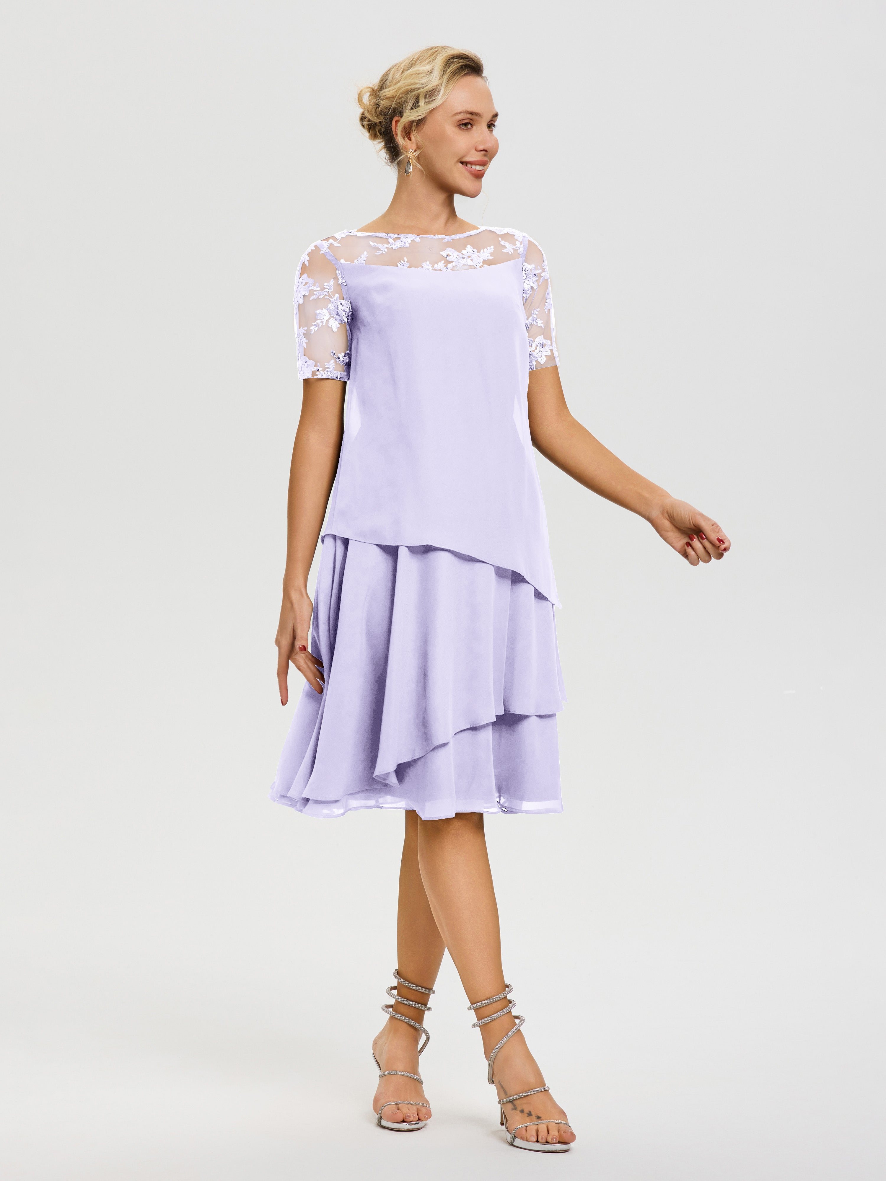 Robe De La Mère Du Marié Lilas Col Rond Mancherons Mousseline & Dentelle Robe De Cérémonie Mère Du Marié