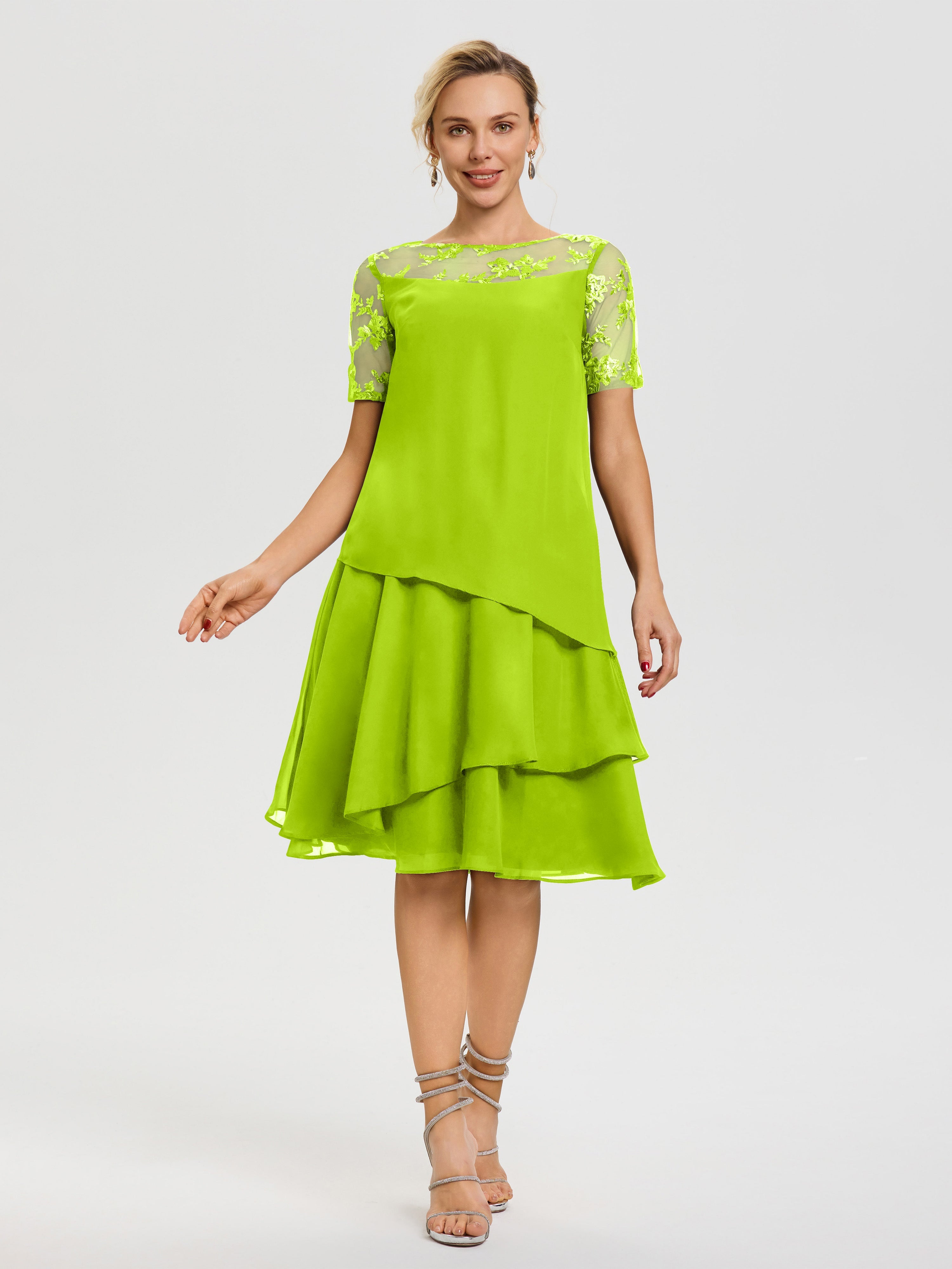Tenue Mere Dela Mariee Vert Citron Col Rond Mancherons Mousseline & Dentelle Robe De Cérémonie Mère Du Marié