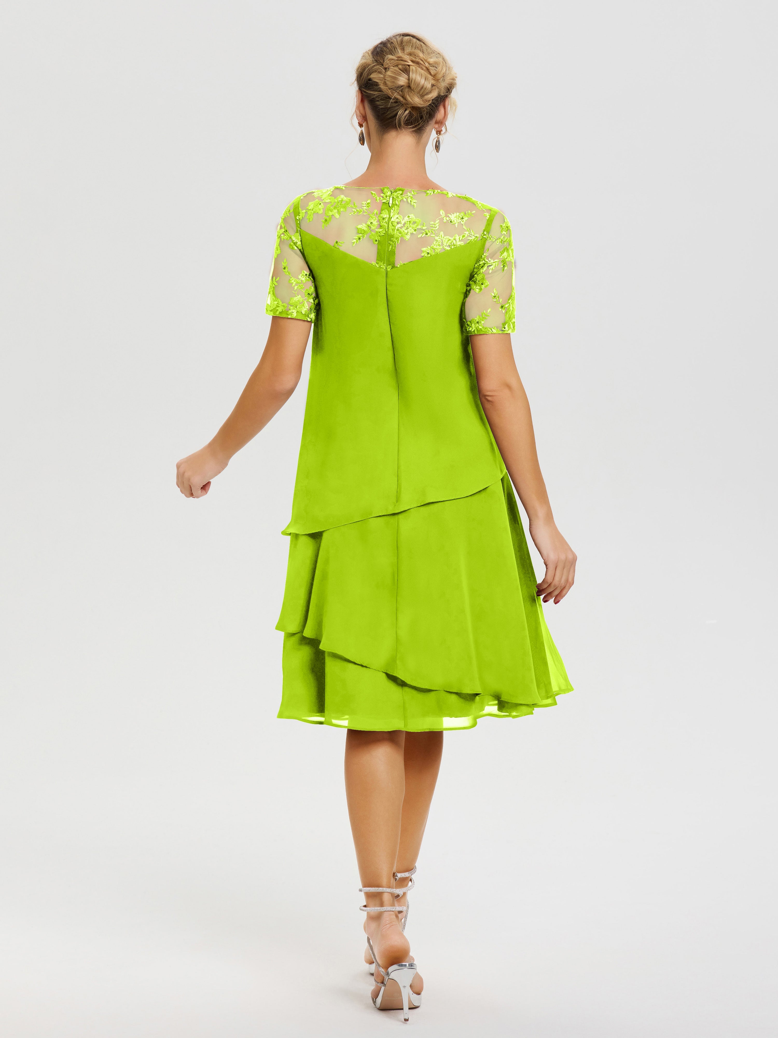 Tenue Mere Dela Mariee Vert Citron Col Rond Mancherons Mousseline & Dentelle Robe De Cérémonie Mère Du Marié