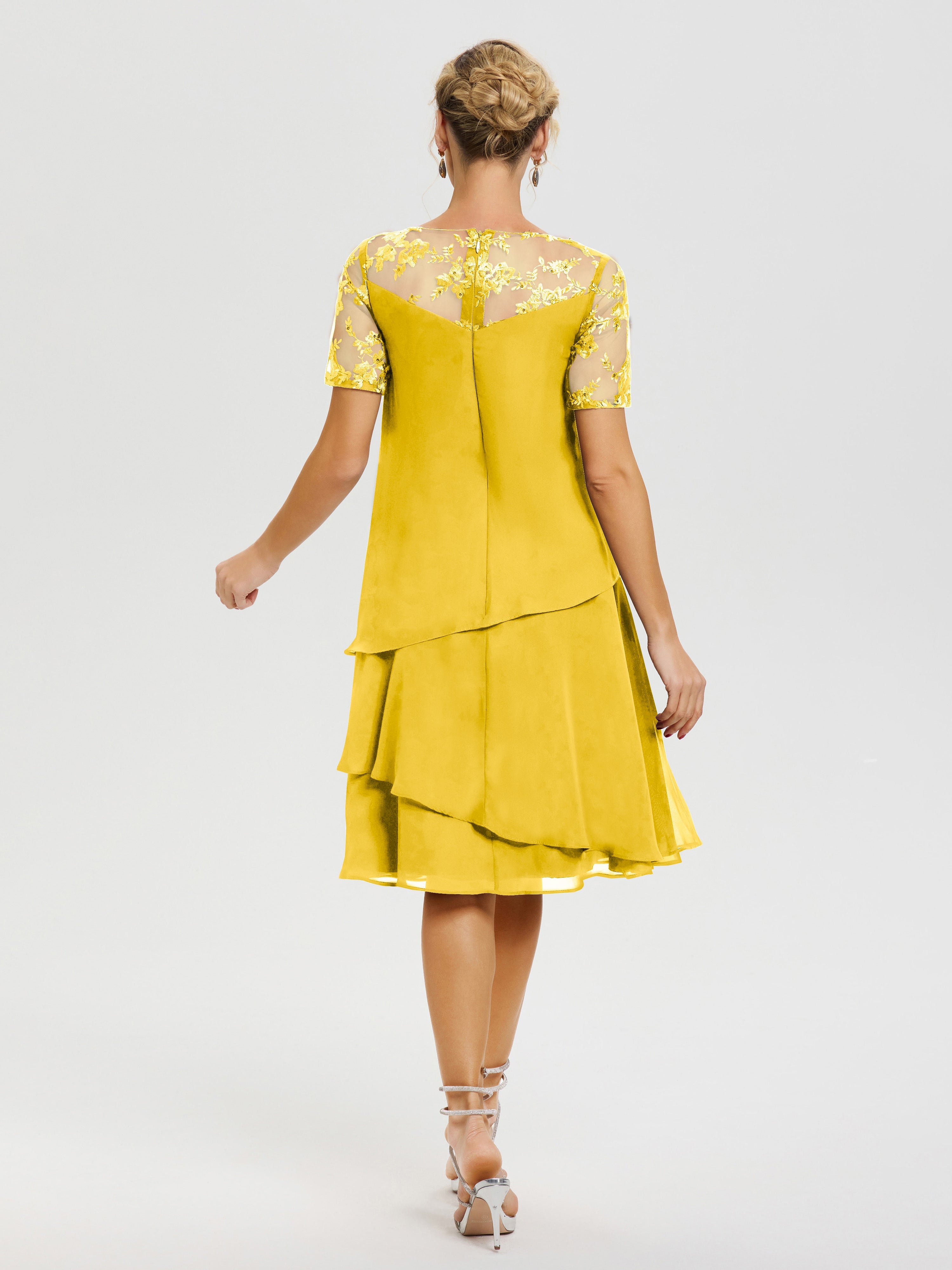Robes Mères De La Mariée Souci Col Rond Mancherons Mousseline & Dentelle Robe De Cérémonie Mère Du Marié
