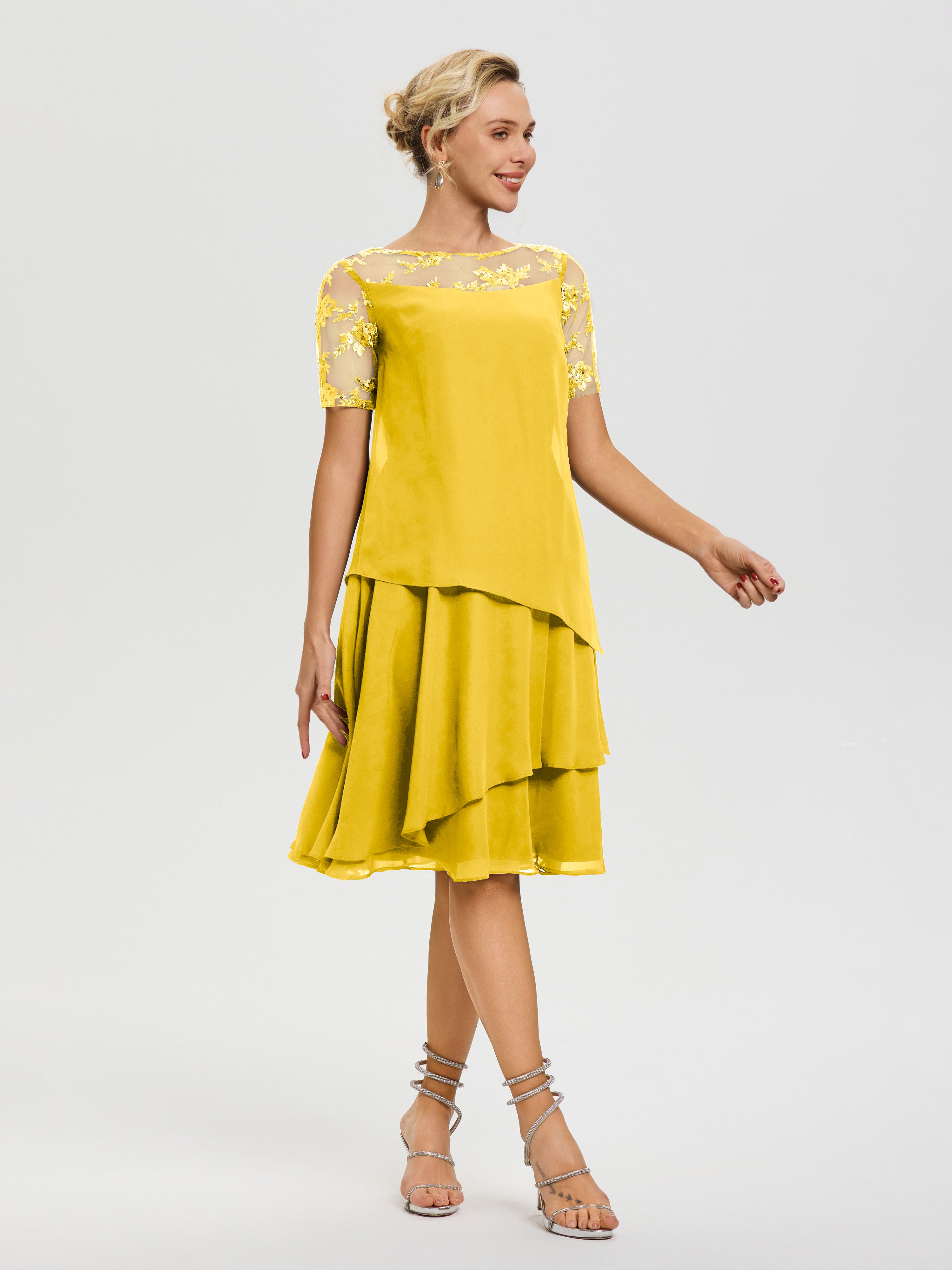 Robes Mères De La Mariée Souci Col Rond Mancherons Mousseline & Dentelle Robe De Cérémonie Mère Du Marié