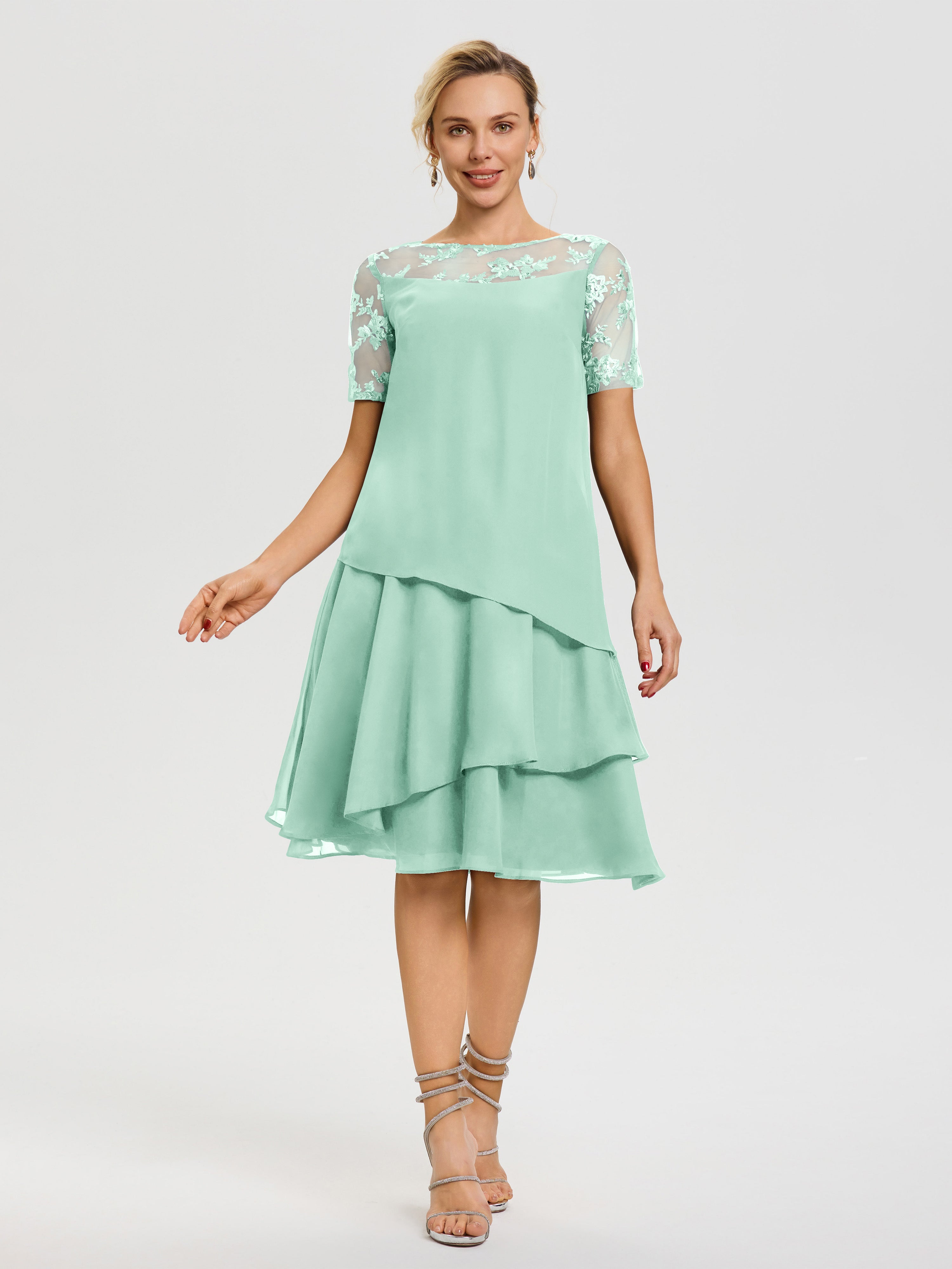 Robe Pour Mère De Mariée Vert Menthe Col Rond Mancherons Mousseline & Dentelle Robe De Cérémonie Mère Du Marié