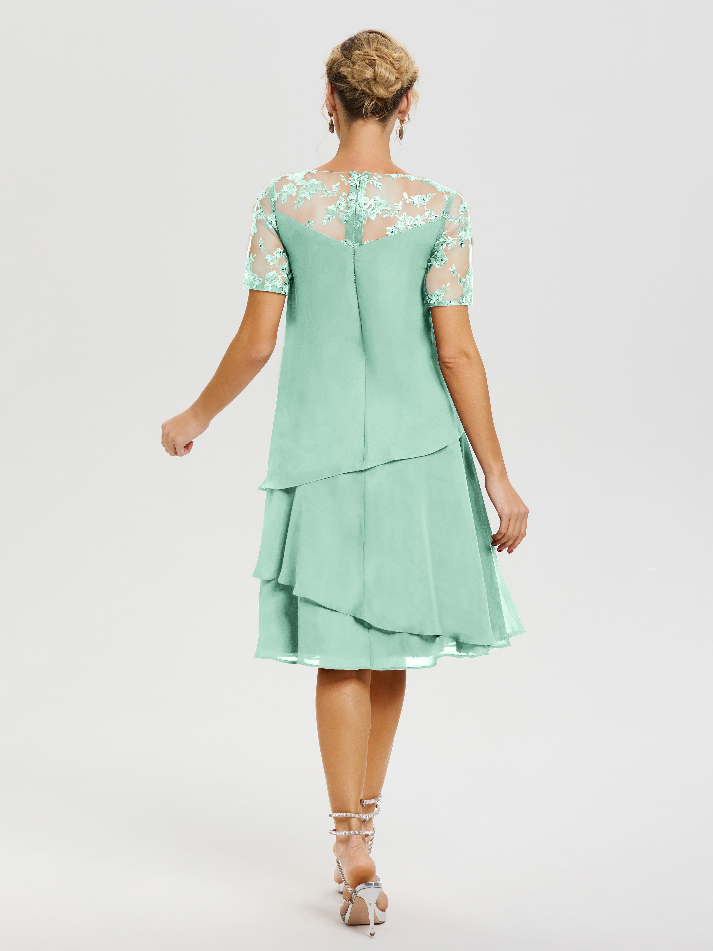 Robe Pour Mère De Mariée Vert Menthe Col Rond Mancherons Mousseline & Dentelle Robe De Cérémonie Mère Du Marié