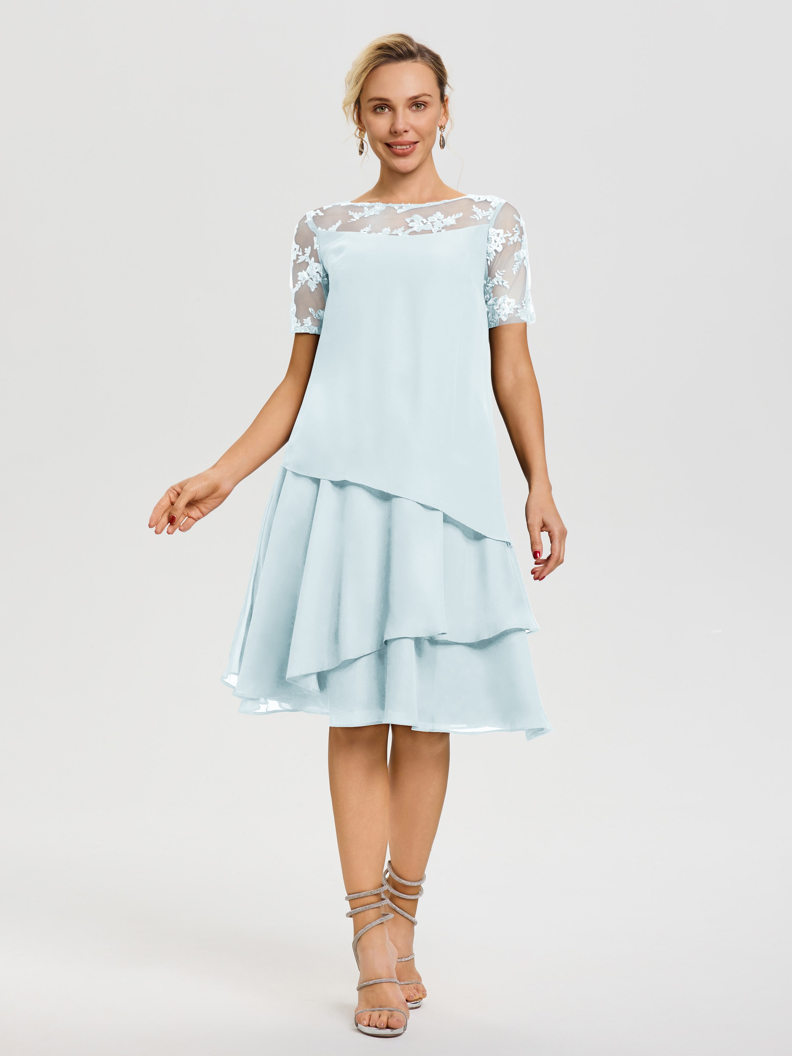 Robe Mère De La Mariee Brume Col-Rond-Mancherons-Mousseline-Dentelle-Robe-De-Ceremonie-Mere-Du-Marie