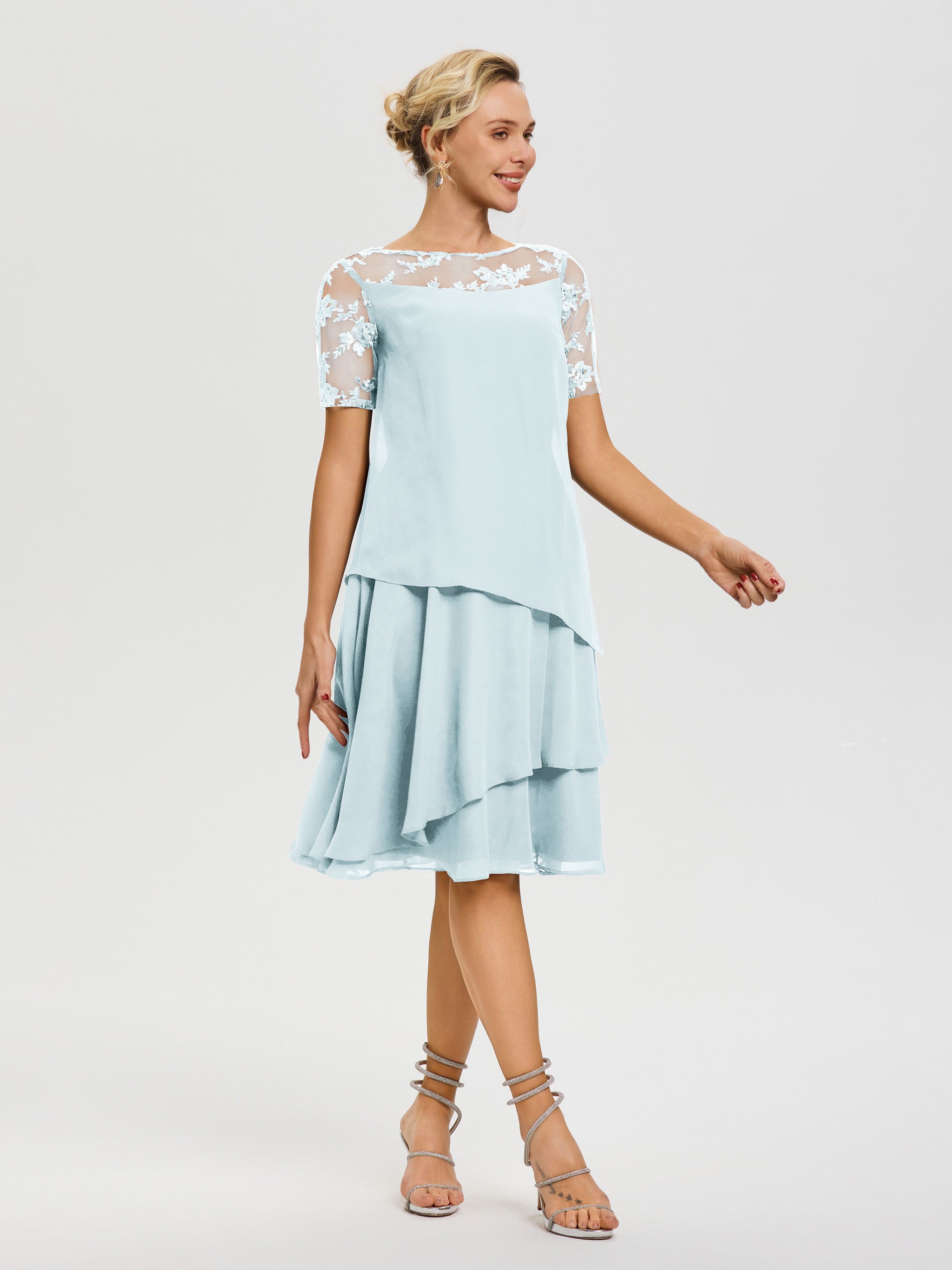 Robe Mère De La Mariee Brume Col-Rond-Mancherons-Mousseline-Dentelle-Robe-De-Ceremonie-Mere-Du-Marie