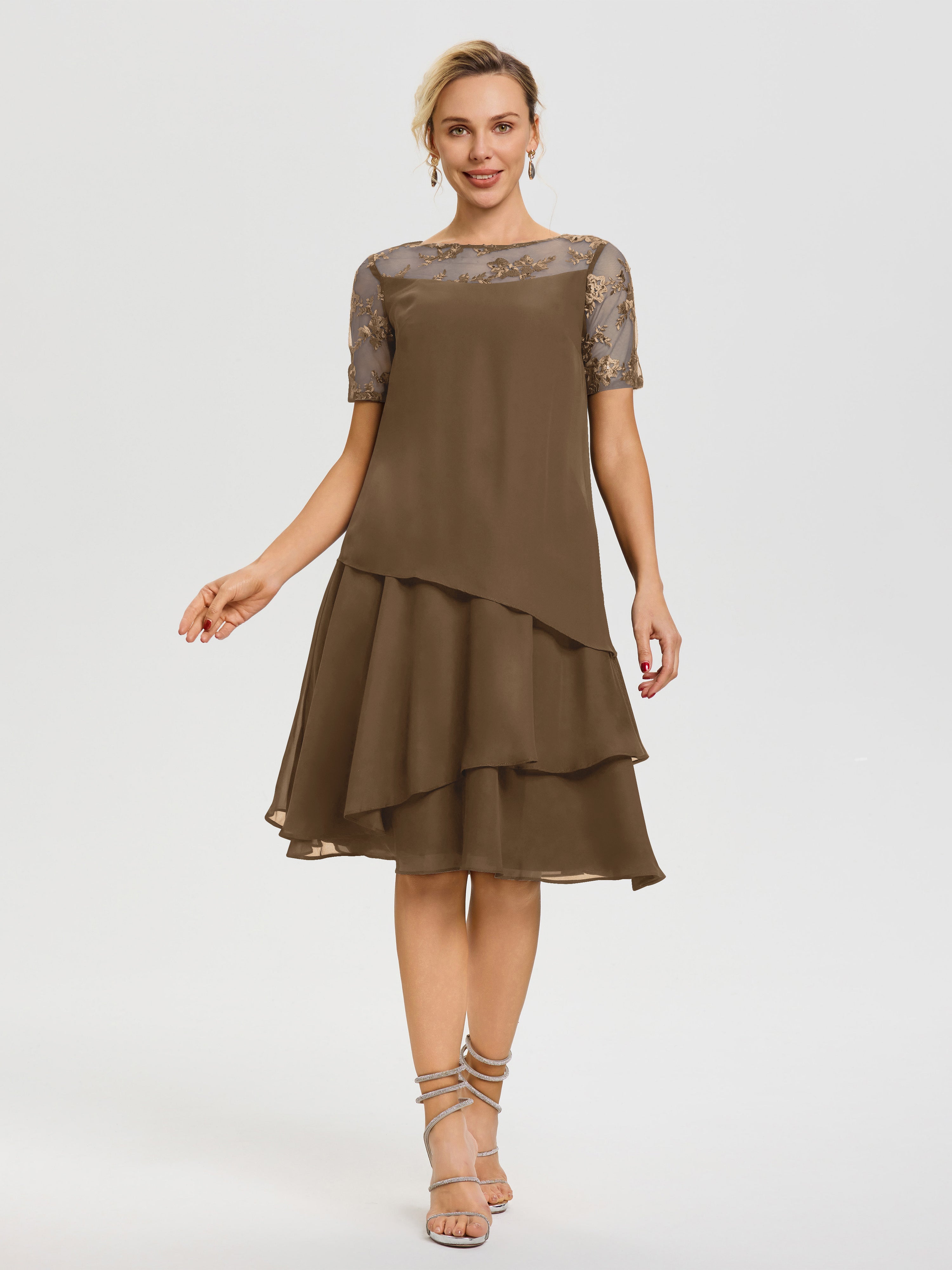 Robe Mère De La Mariee Moka Col Rond Mancherons Mousseline & Dentelle Robe De Cérémonie Mère Du Marié