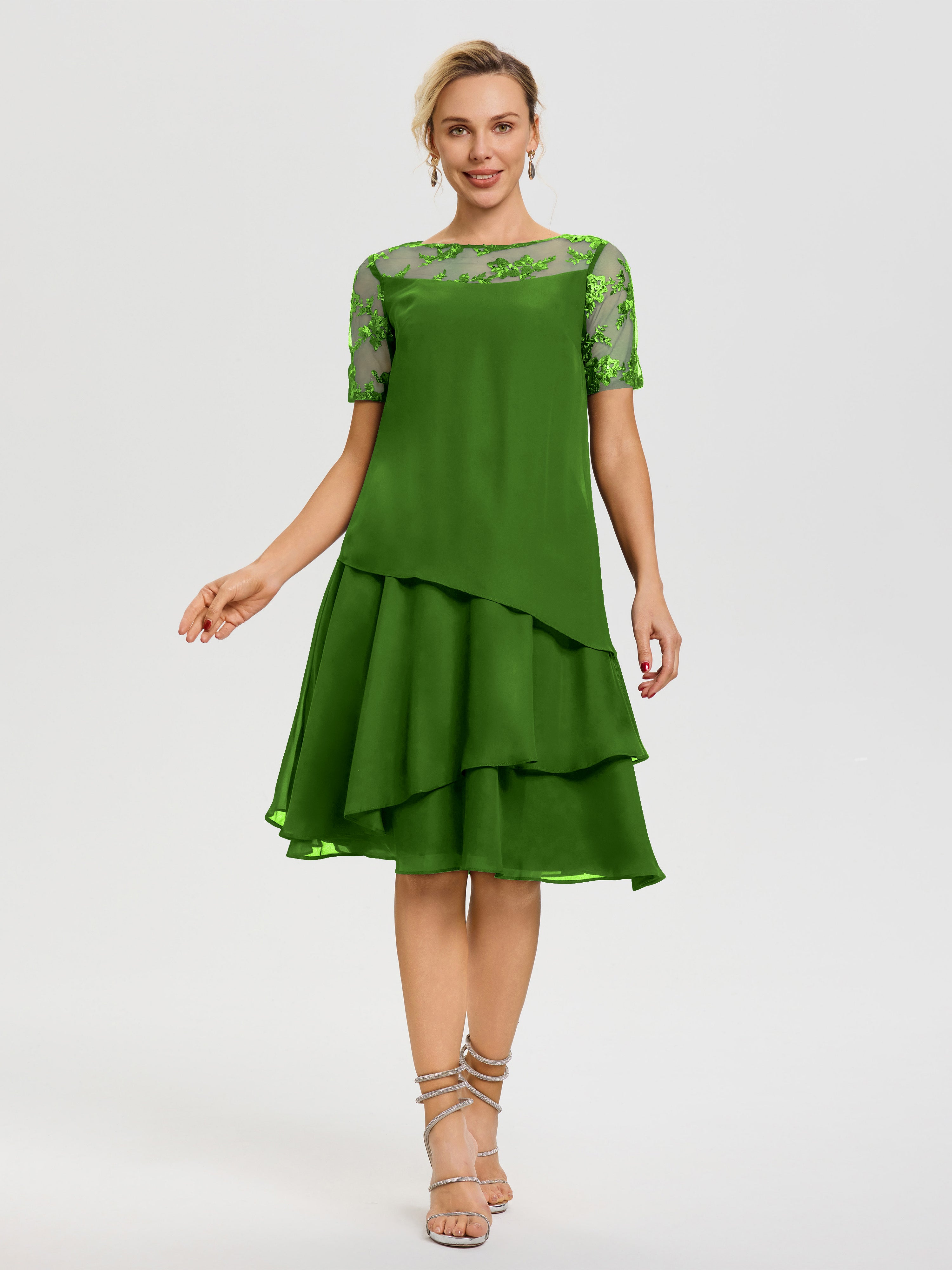 Robe Mère De La Mariee Mousse Col Rond Mancherons Mousseline & Dentelle Robe De Cérémonie Mère Du Marié